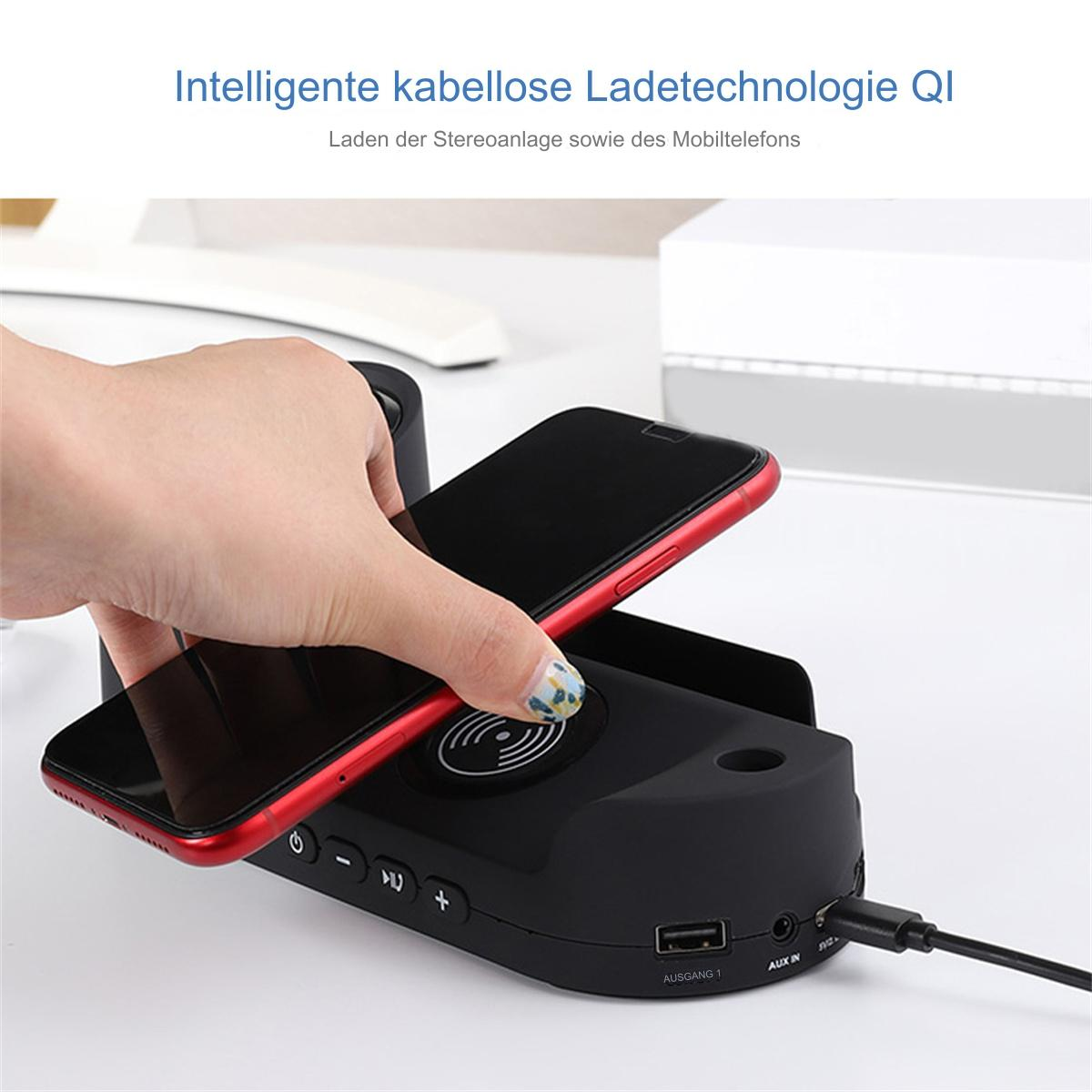 Hand legt rotes Telefon auf schwarzes kabelloses Ladegerät. Angeschlossene schwarze Ladestation.