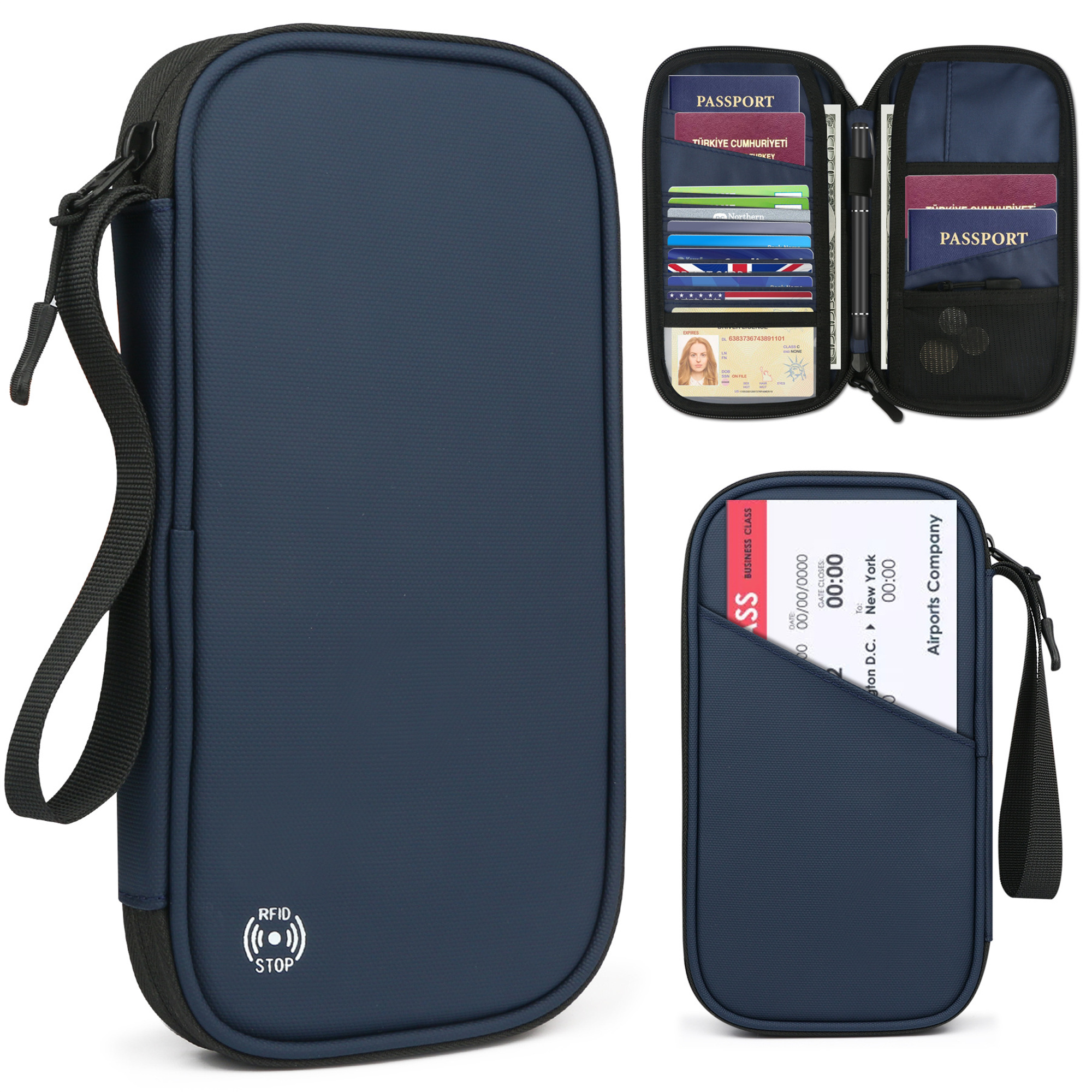 Marineblaues Reisetäschchen mit Pässen, Karten und einem Ticket. Enthält einen Stift und hat RFID-Stopp.