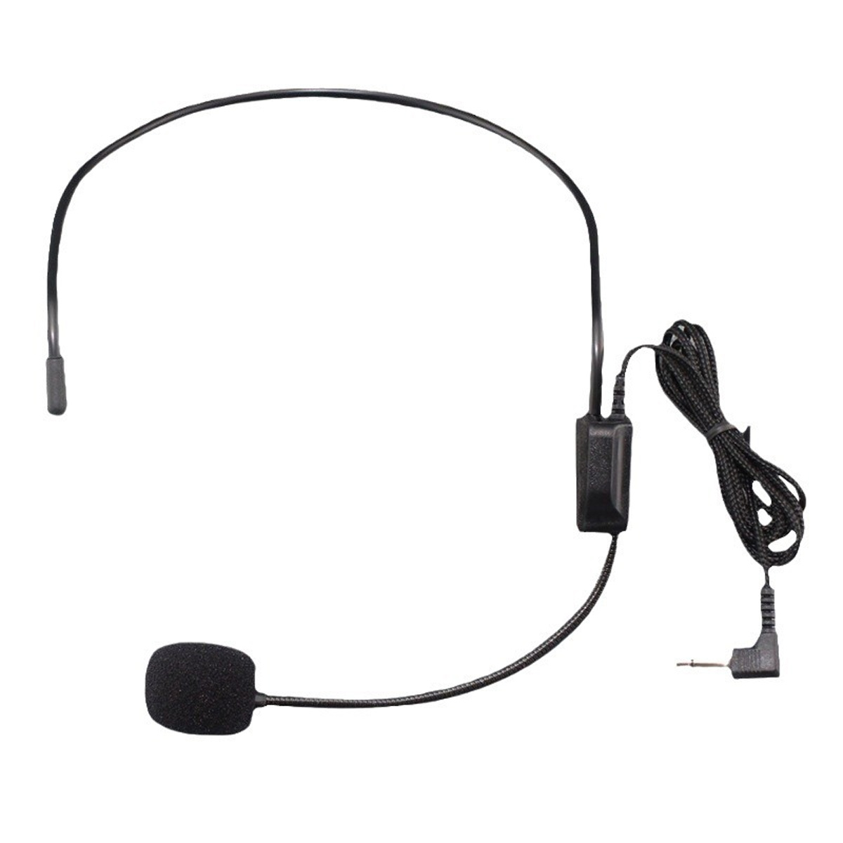 Ein schwarzes Headset-Mikrofon mit Schaumabdeckung, verbunden mit einer schwarzen Steuerbox und Klinke.