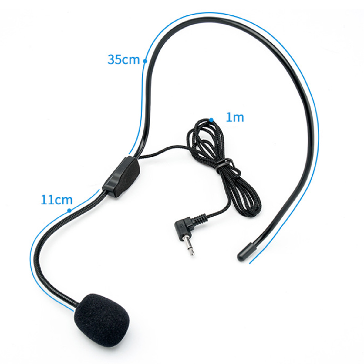 Headset-Mikrofon mit gebogenem schwarzen Band und schwarzem Mikrofon, mit Maßangaben.