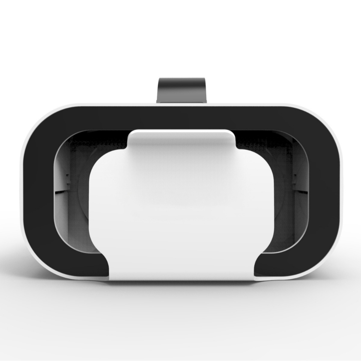 Weiß-schwarzes VR-Headset, Vorderansicht, mit großem weißem Bereich für die Augen.