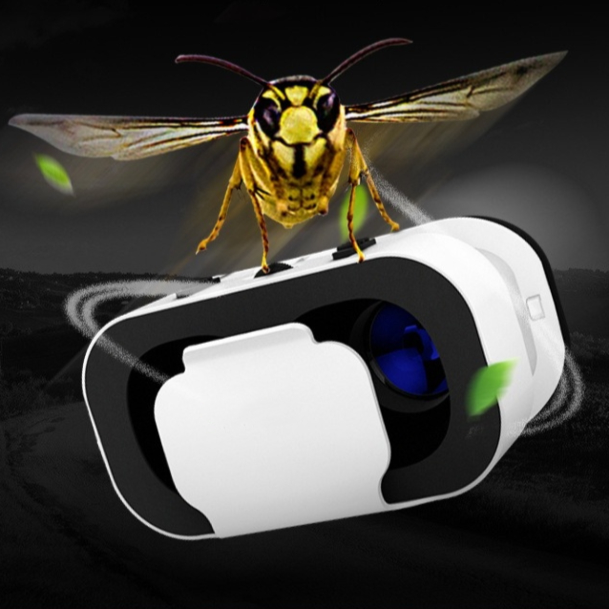 Ein VR-Headset mit einer Wespe, die darüber fliegt. Der Hintergrund ist ein dunkler, verschwommener Farbverlauf.