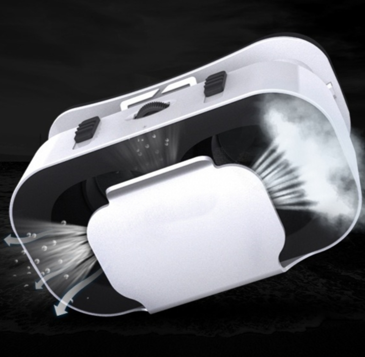 Weißes VR-Headset mit schwarzen Akzenten. Pfeile zeigen Lichtemissionen. Dunkler Hintergrund.