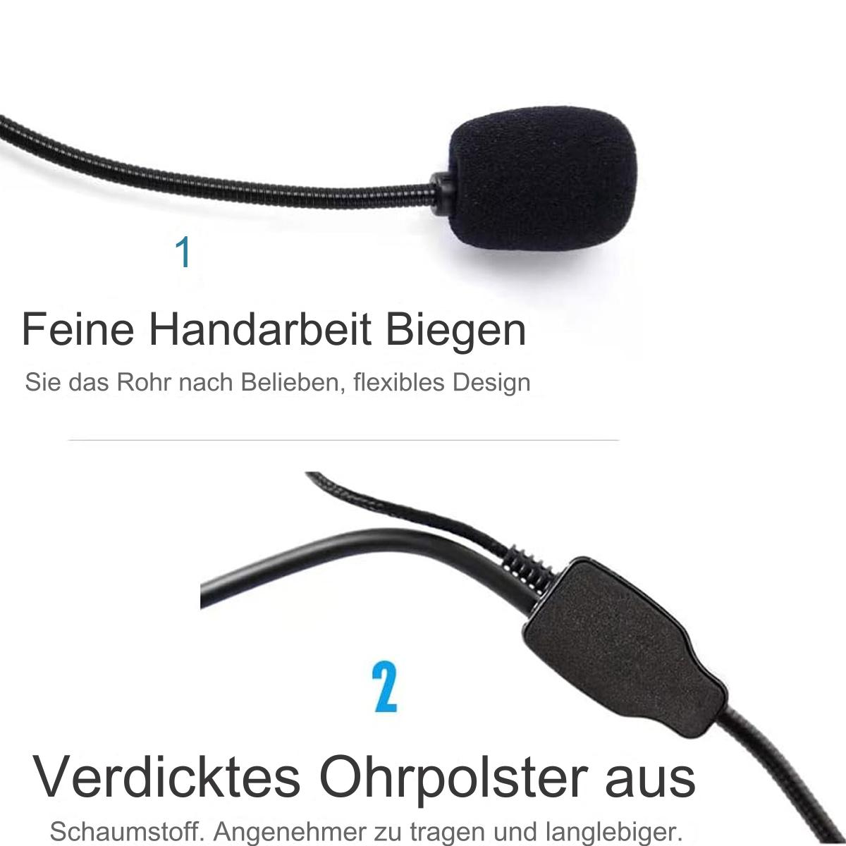 Nahaufnahme eines schwarzen Mikrofons mit flexiblem Hals. Text beschreibt die Funktionen.