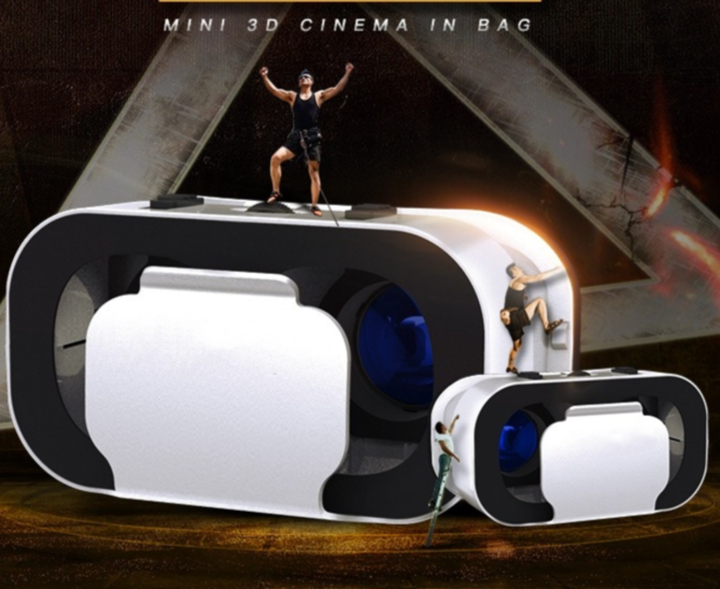 Ein VR-Headset mit zwei kleinen Figuren, die darauf klettern, der Text lautet "Mini 3D Cinema in Bag".