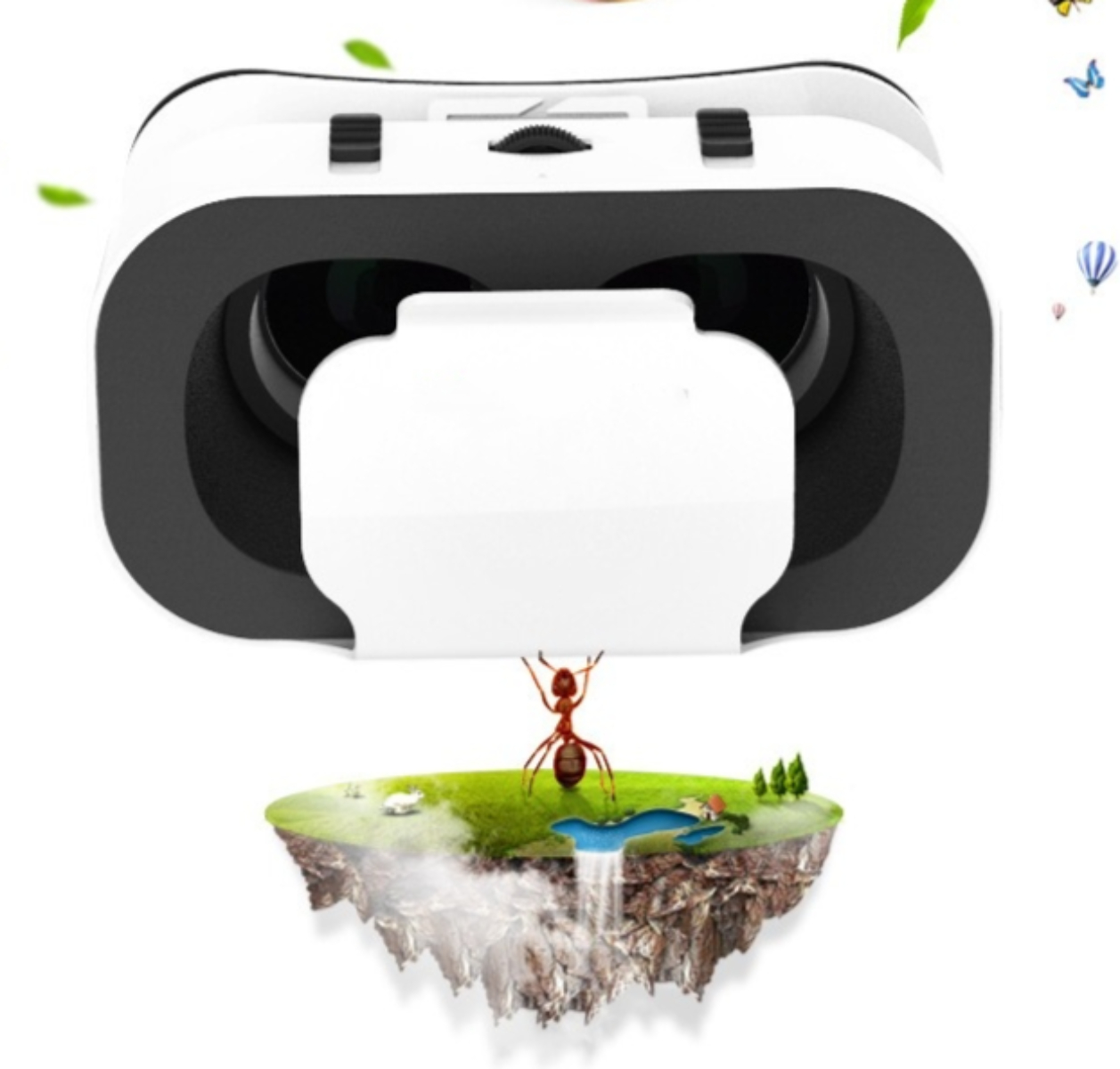 VR-Headset mit einer Landschaftsszene, die darunter schwebt. Eine Ameise ist auf der Landschaft.