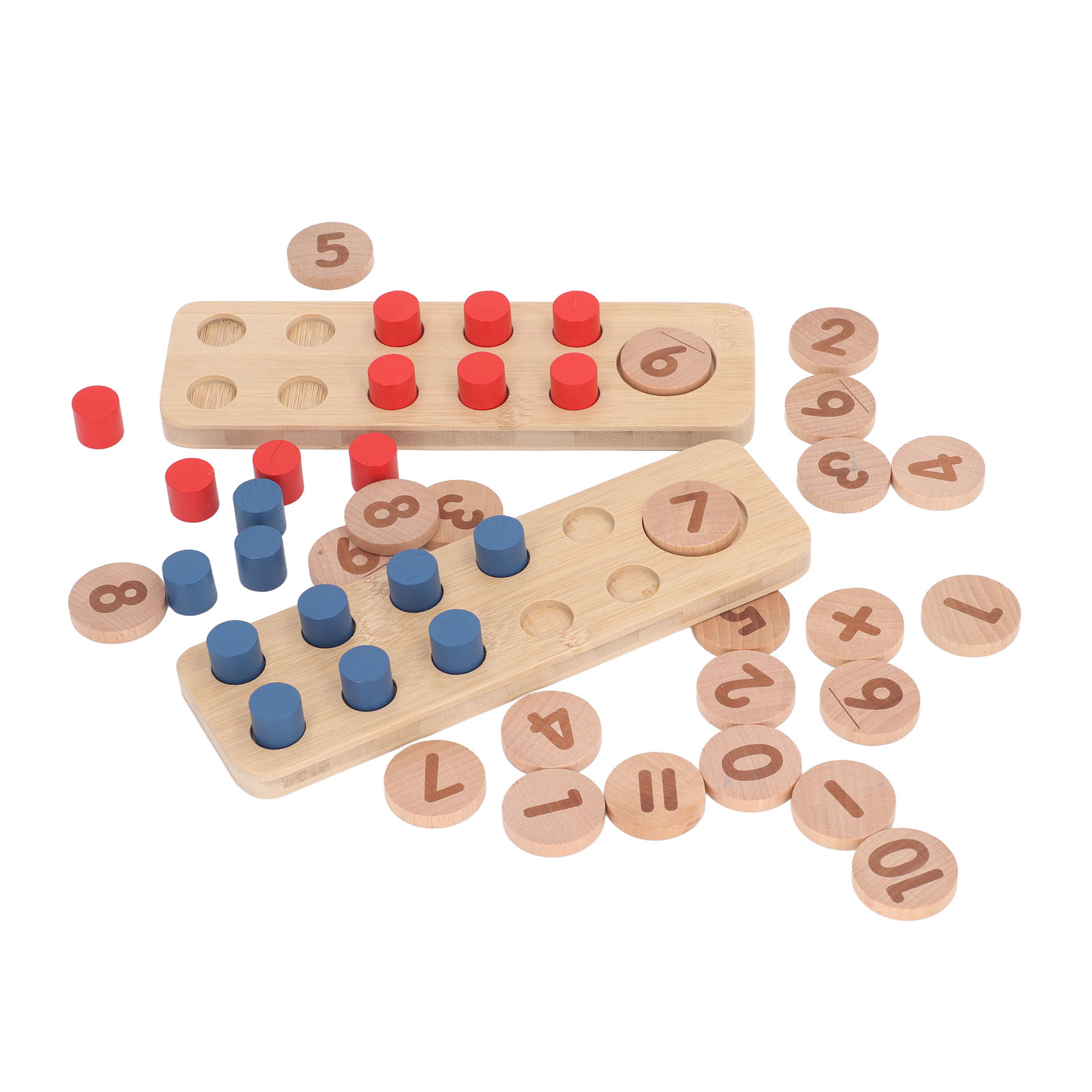 Holzzahlentafel mit roten und blauen Stiften und Holzscheiben mit Zahlen.