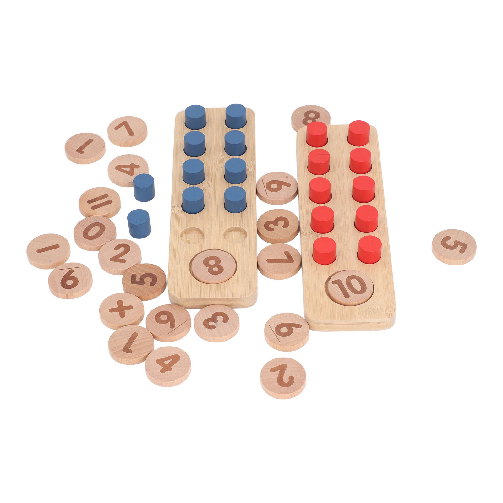 Holz-Lernspielzeug. Zwei Holztafeln mit Stiften, Zahlen und Holzscheiben mit Zahlen.