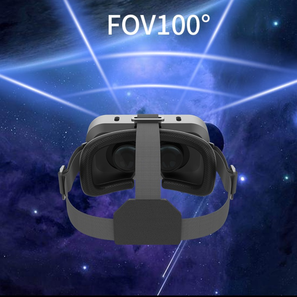 Ein VR-Headset mit der Aufschrift FOV100° vor einem Weltraumhintergrund mit blauen Streifen.