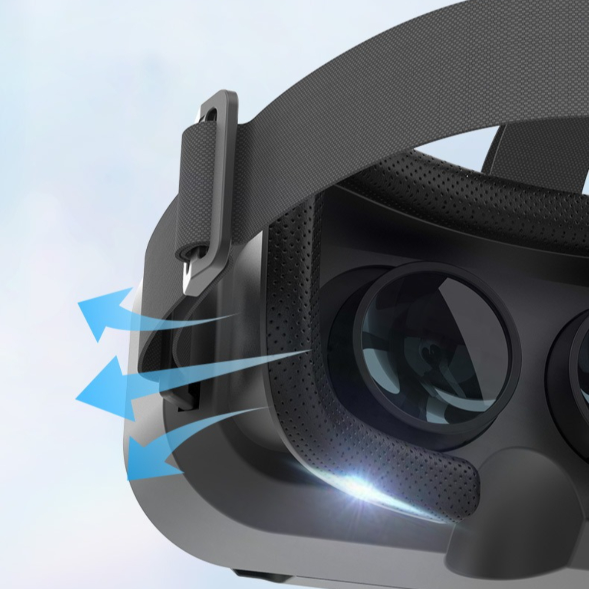 Ein VR-Headset mit blauen Pfeilen, die den Luftstrom anzeigen, zeigt Details des Geräts.
