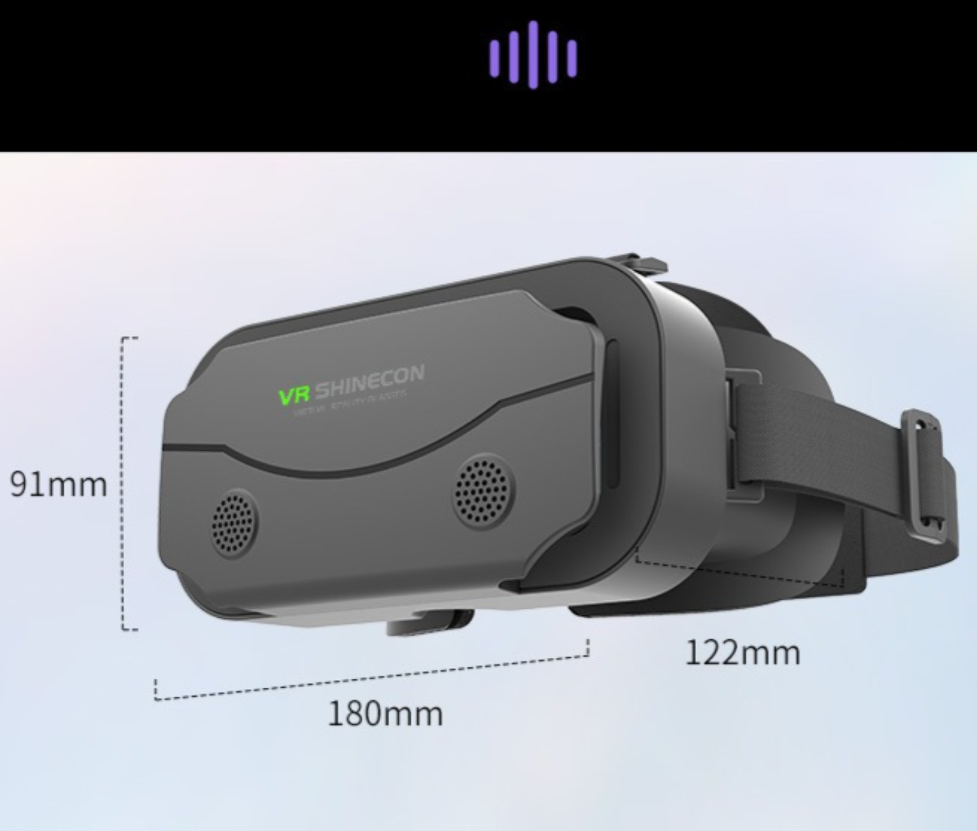 VR-Headset, grau und schwarz, mit Maßangaben auf weißem Hintergrund.