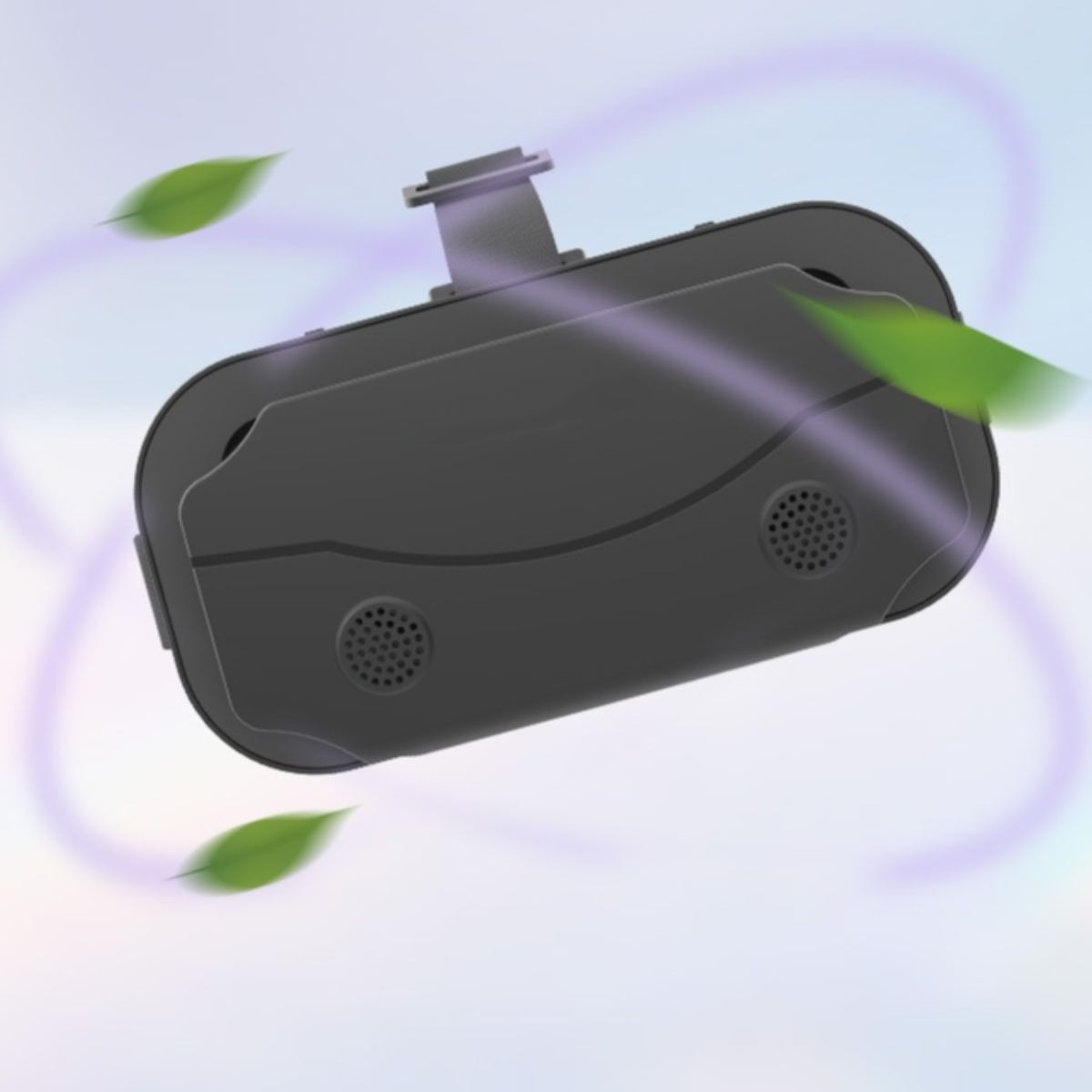 Schwarzes VR-Headset mit Blättern, die darum schweben, und einem hellblauen und lila Hintergrund.