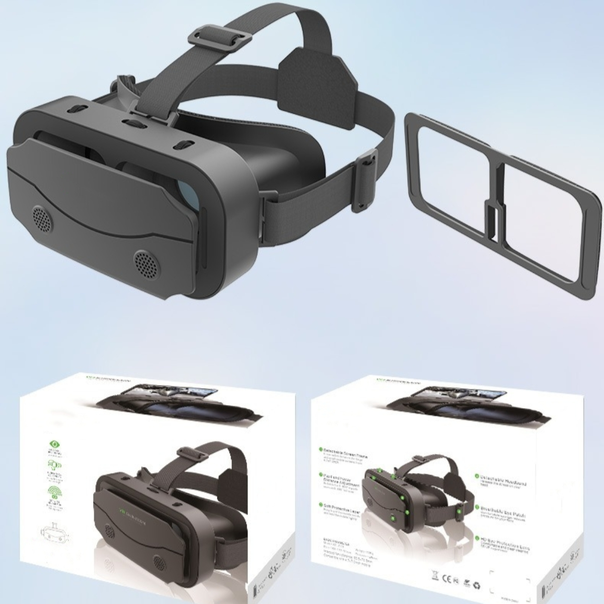 VR-Headset, getrennte Gesichtsabdeckung und Kartons. Präsentation des Headsets und der Verpackung.