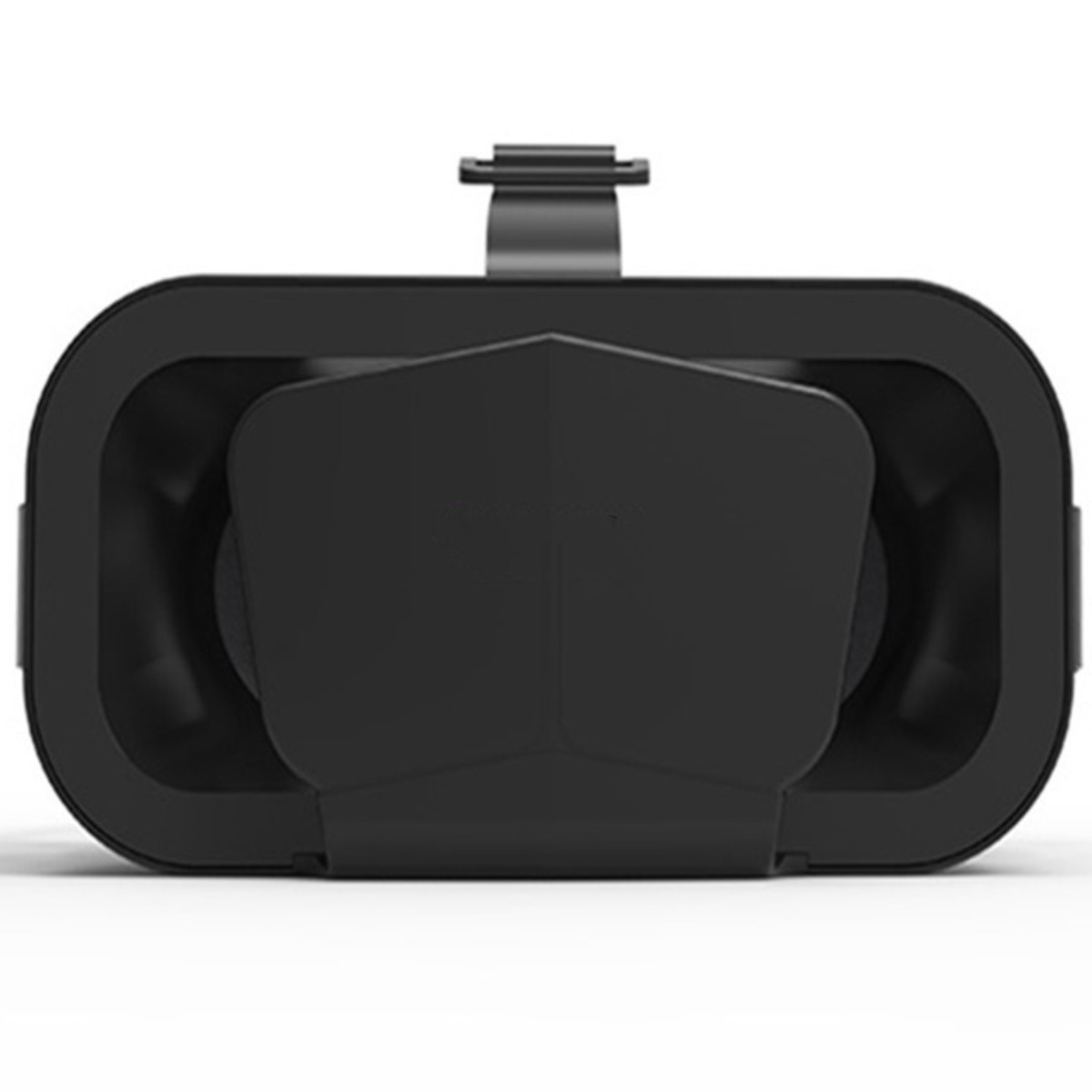 Schwarzes VR-Headset. Vorderansicht. Zwei Linsen, eine Gesichtsmaske und ein Riemen oben.