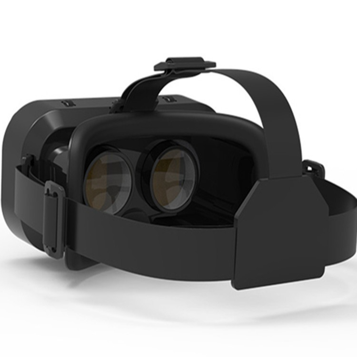 Ein schwarzes VR-Headset mit zwei Linsen, einem Riemen und einer Kopfstütze, auf weißem Hintergrund.