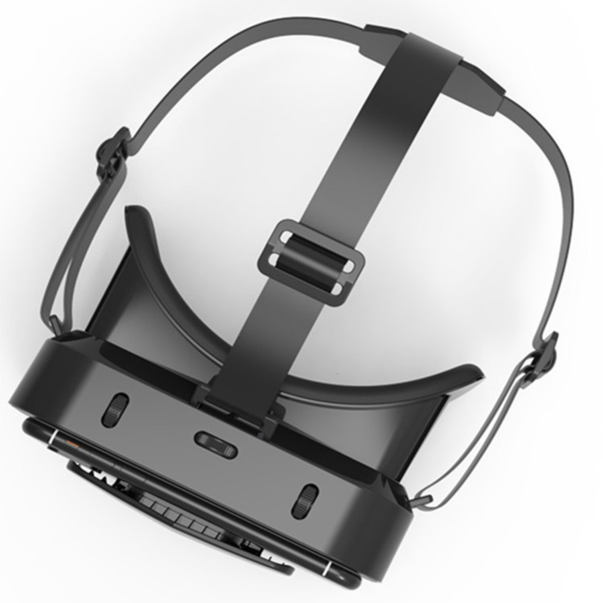 Ein schwarzes VR-Headset. Das Gerät hat ein Kopfband und zwei Einstelldrehregler.