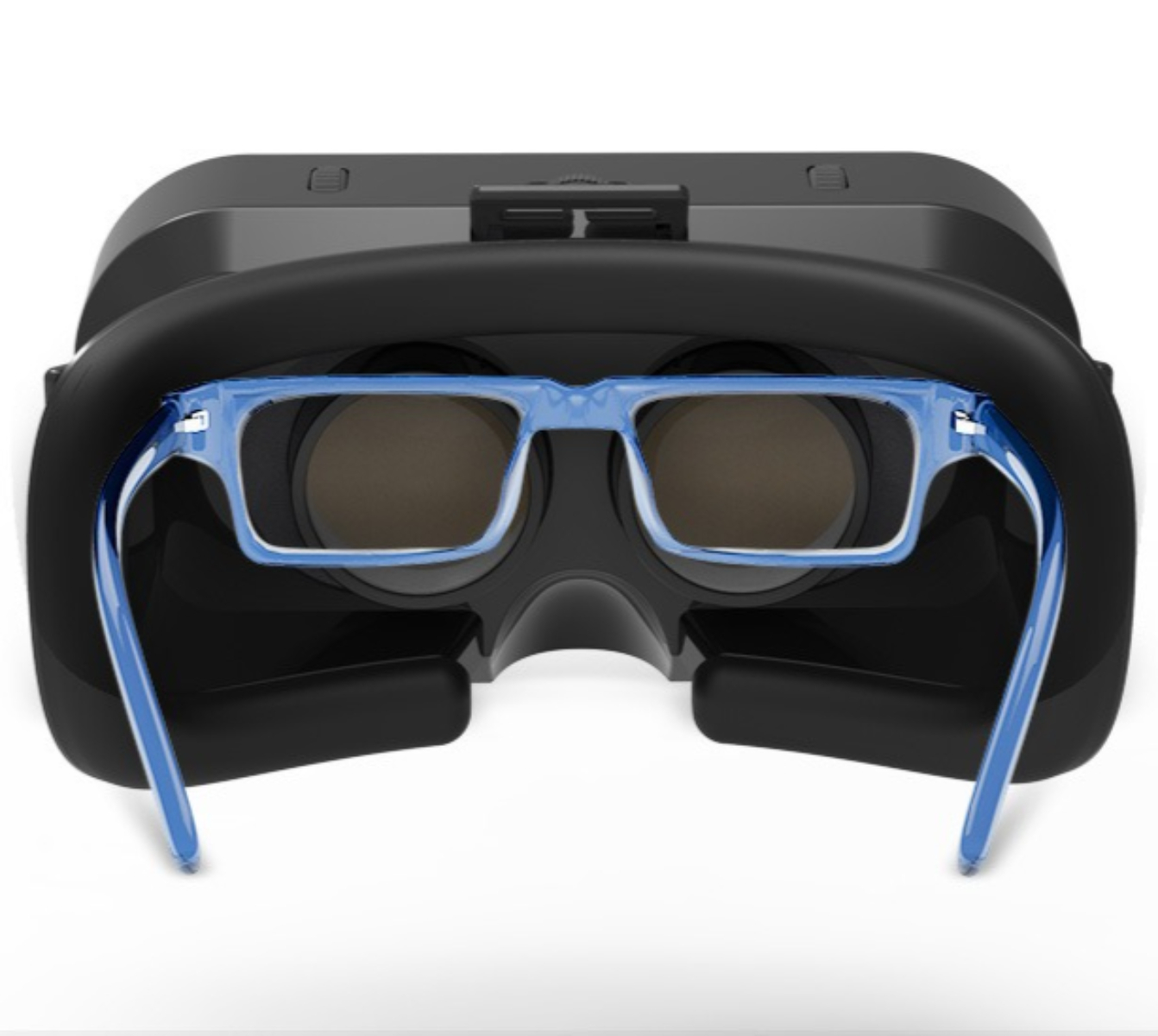 VR-Headset mit blauer Brille im Inneren, schwarzer Rahmen und Linsen.