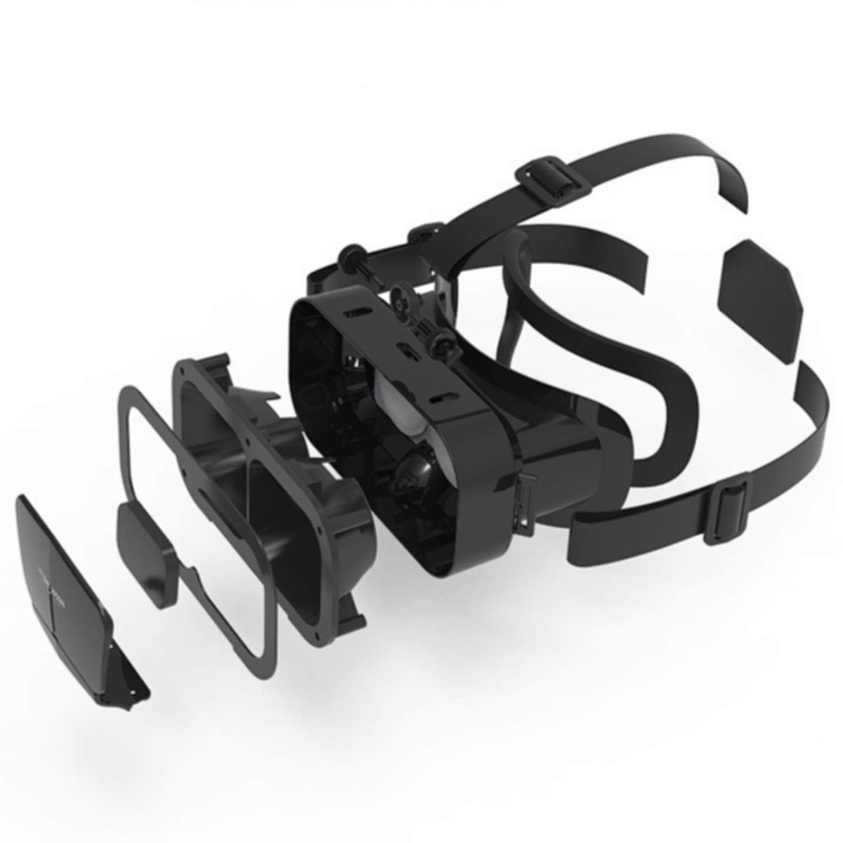 Schwarzes VR-Headset zerlegt, mit sichtbaren Komponenten, auf weißem Hintergrund.