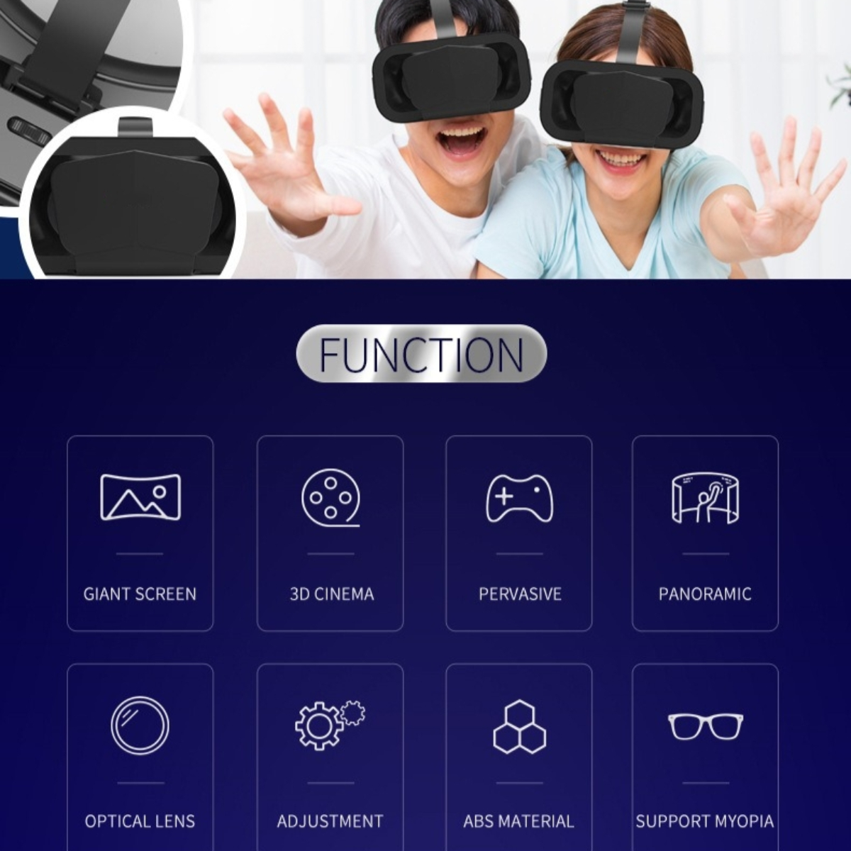 Grafik mit VR-Headset-Funktionen, darunter ein riesiger Bildschirm und 3D-Kino.