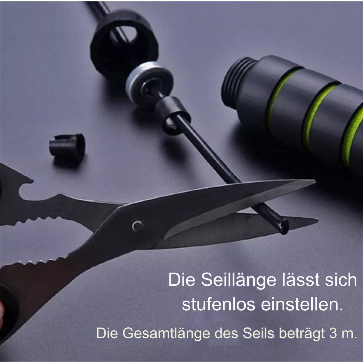 Schere und ein Springseil, mit Text auf Deutsch.