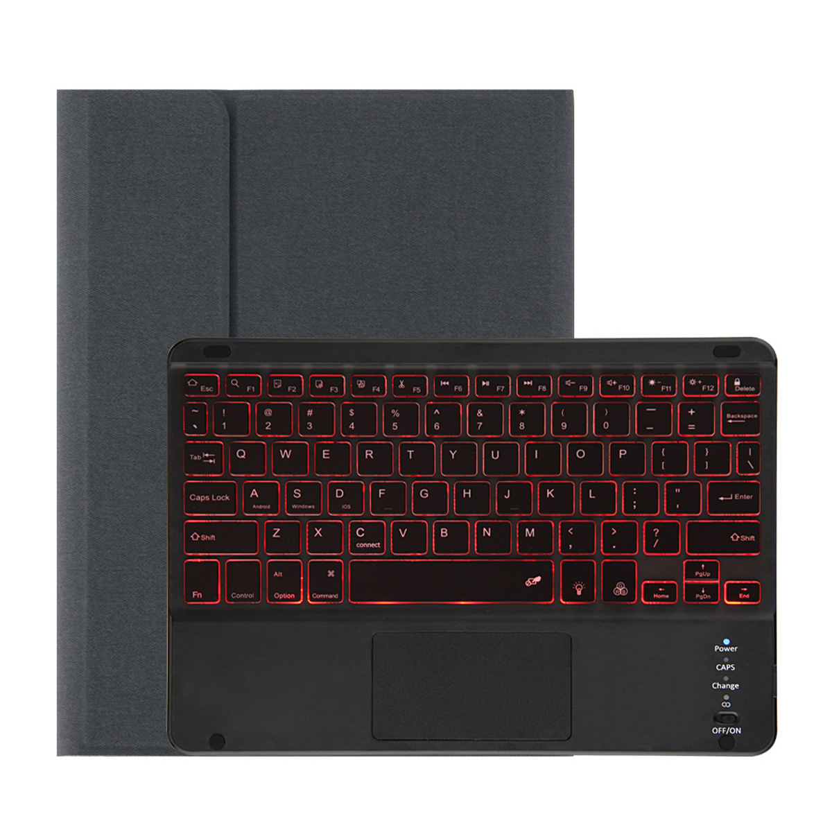 Schwarze Tastatur mit roter Hintergrundbeleuchtung und Touchpad auf grauem Cover.