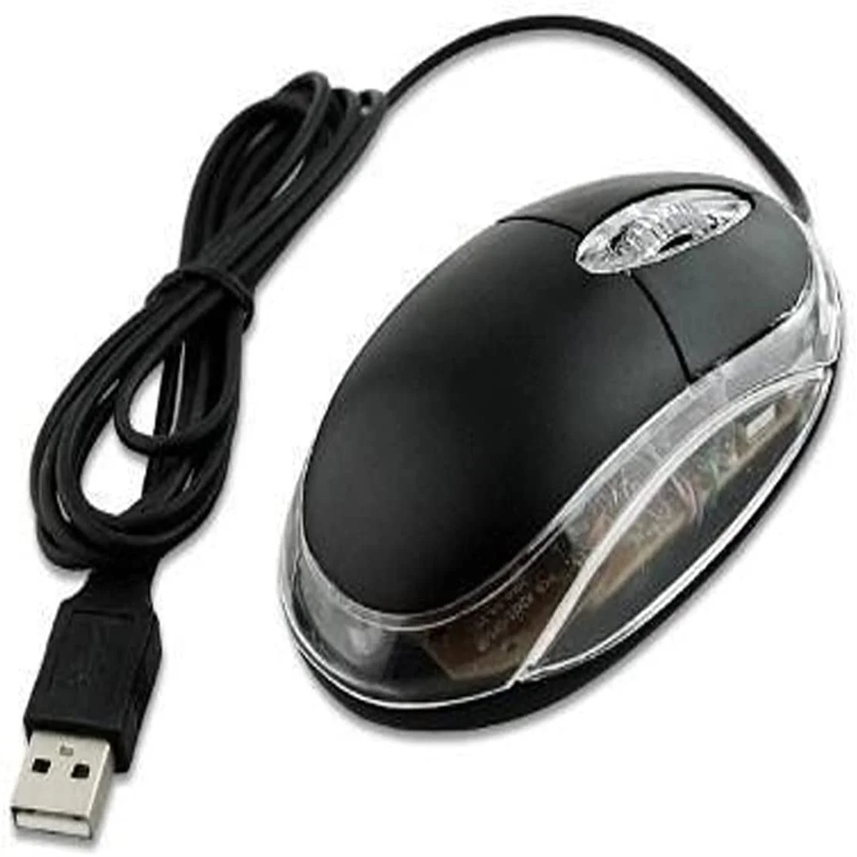 Schwarze Computermaus mit transparentem Bereich und USB-Kabel.