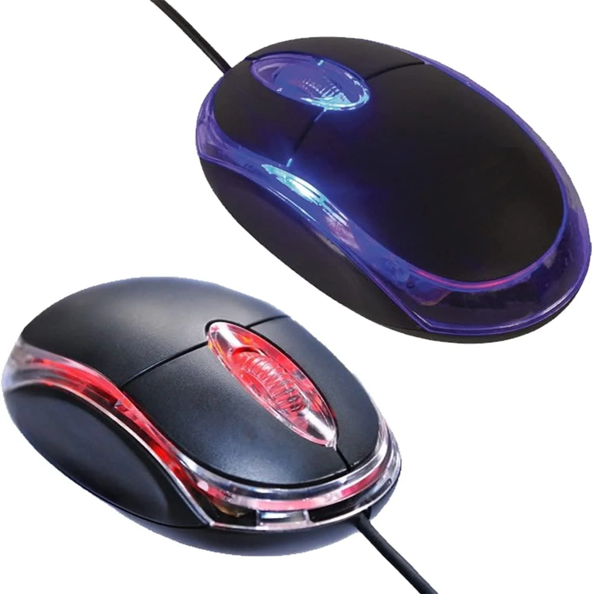 Zwei Computermäuse, eine blaue und eine rote mit beleuchteten Kanten. Beide haben ein schlankes Design.