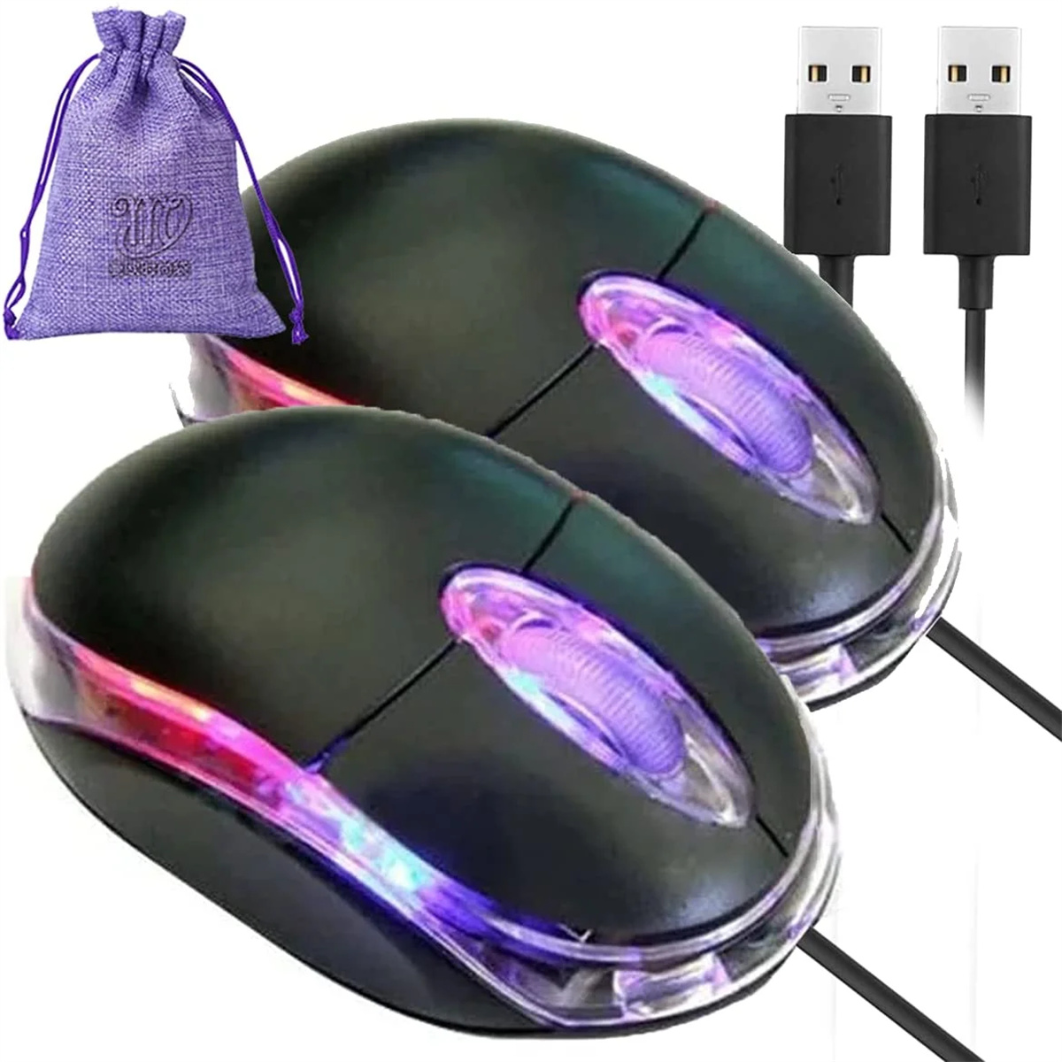 Zwei schwarze Computermäuse mit LED-Leuchten und USB-Kabeln, eine lila Tasche links.