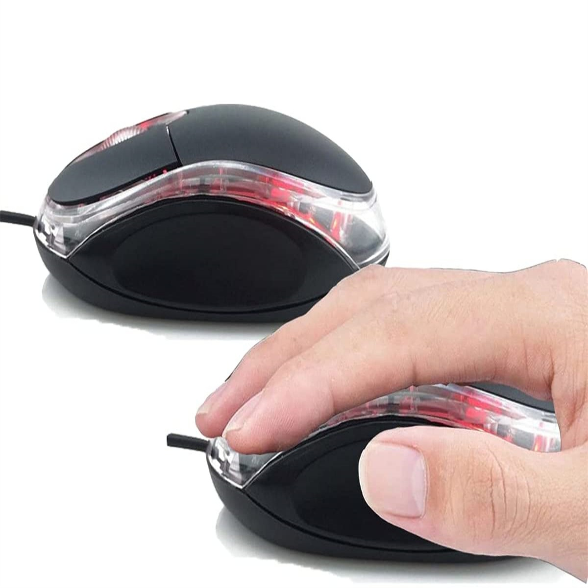 Zwei schwarze Computermäuse mit roten Lichtern. Eine wird von einer Hand gehalten.