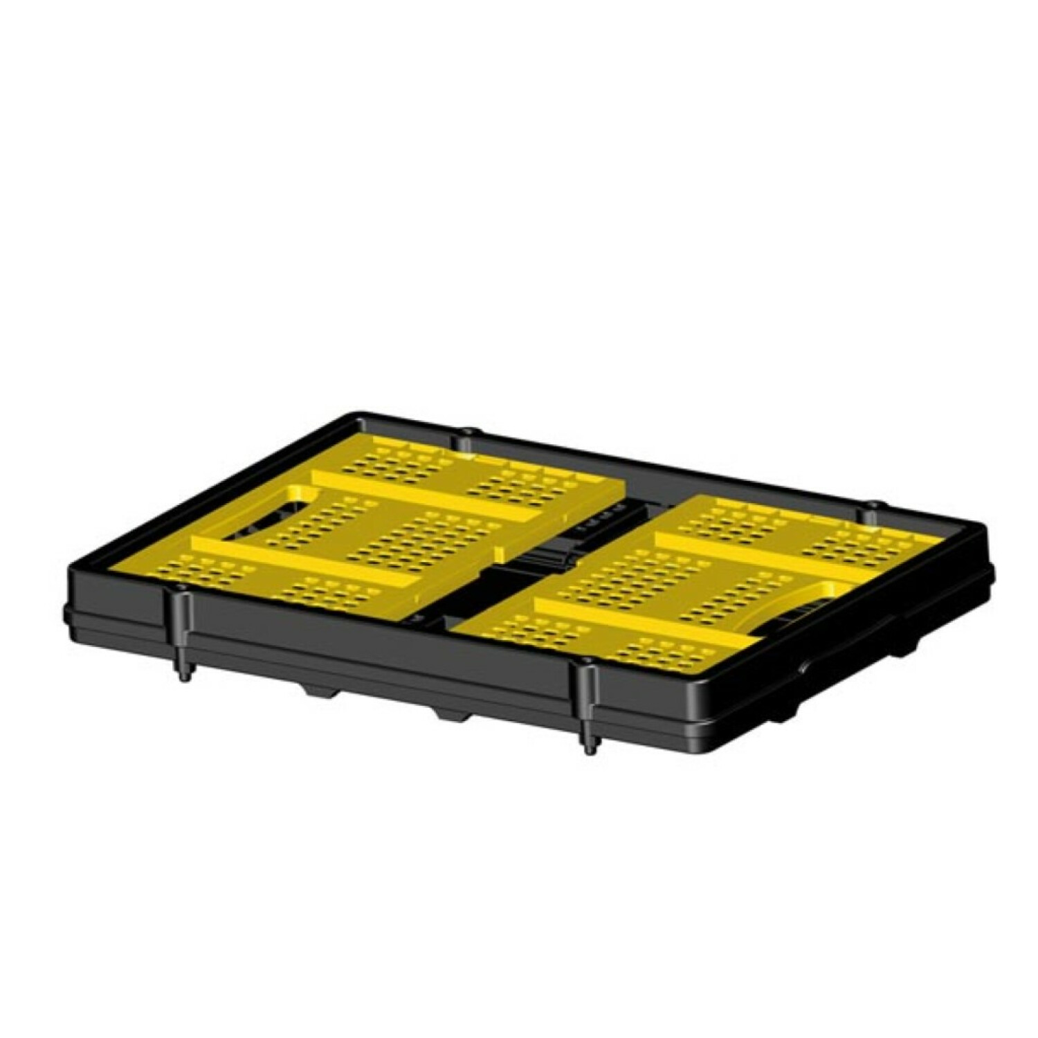Zwart en geel plastic opvouwbaar pallet. Het pallet is leeg.