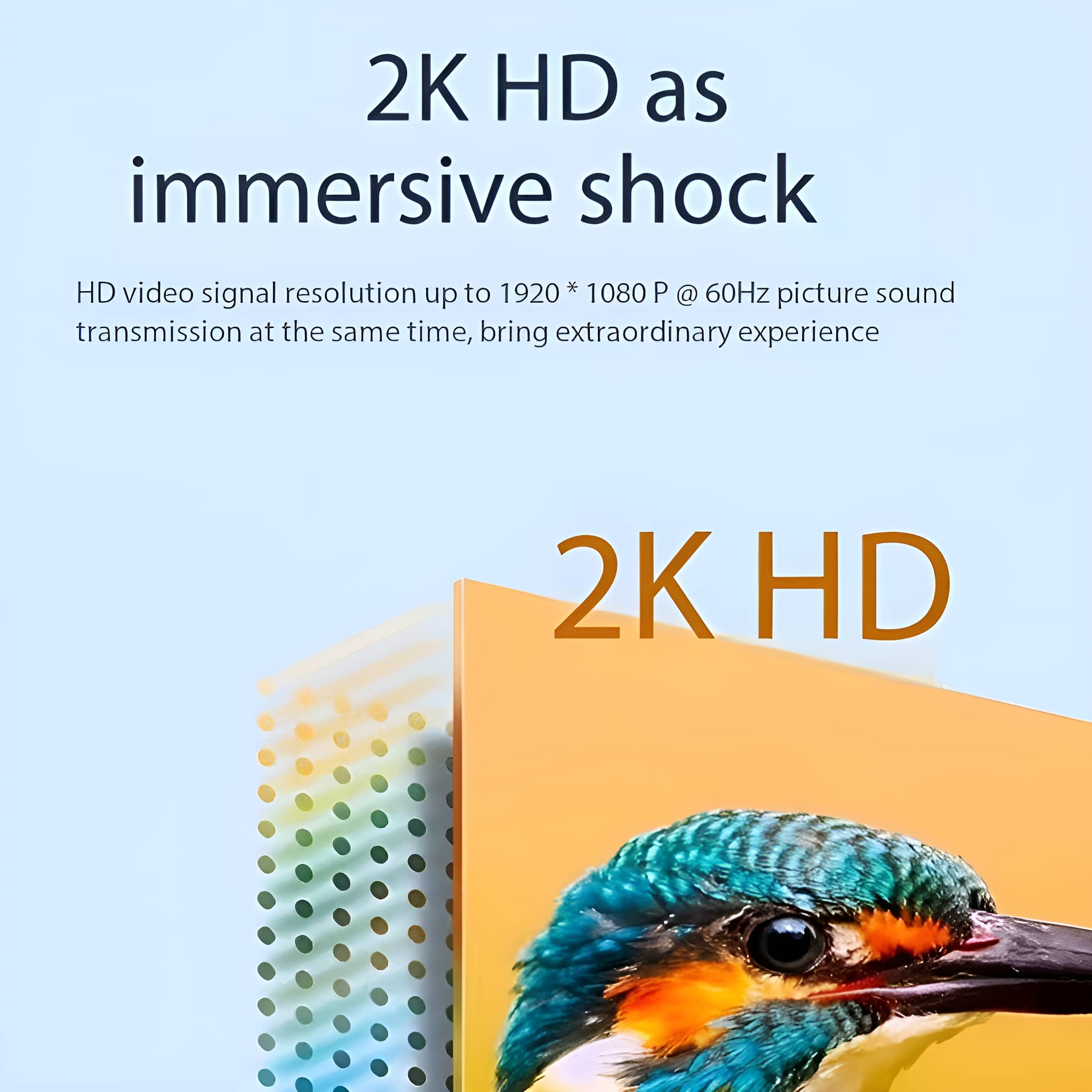 Eine Werbegrafik über 2K HD, mit Text und einem Bild eines Vogels.