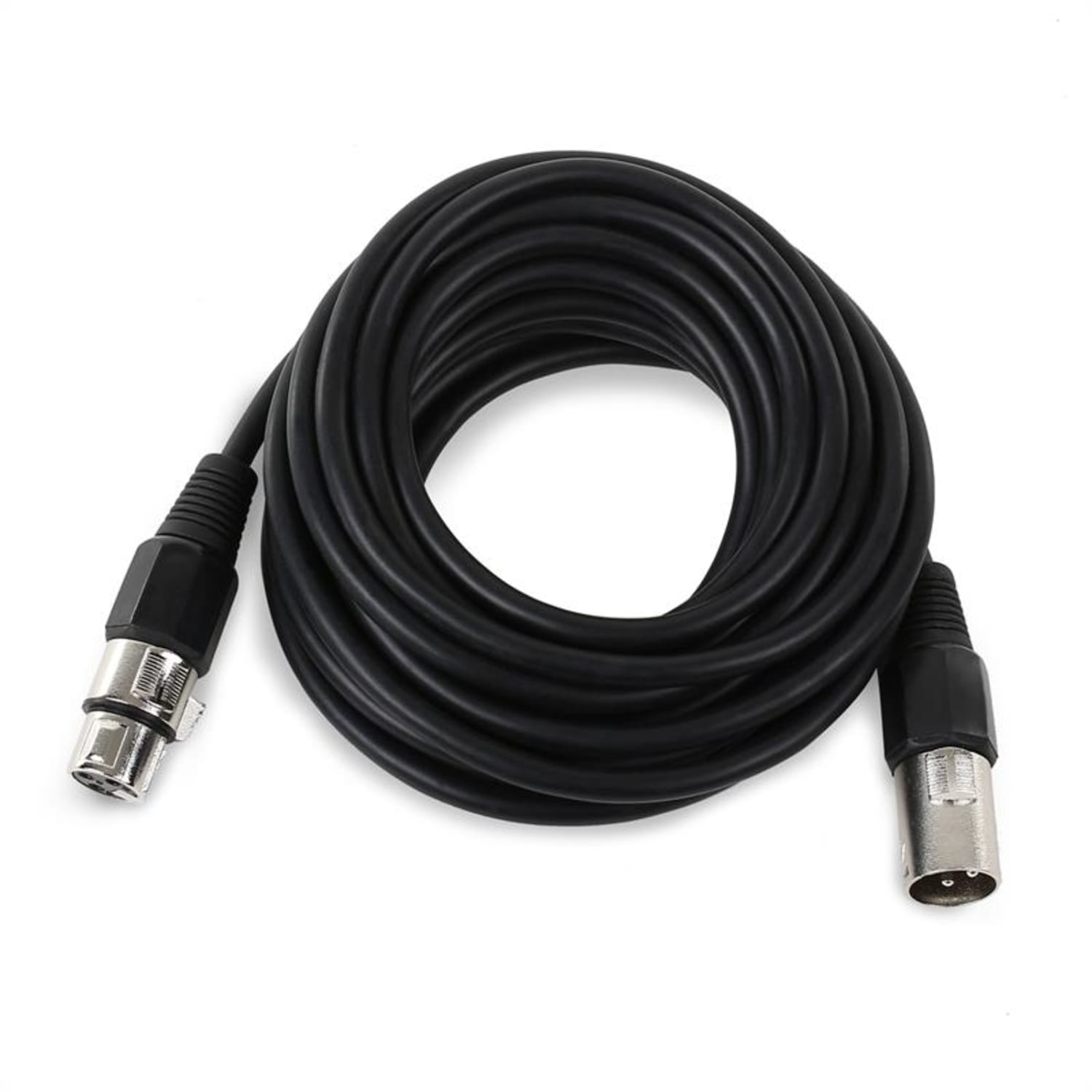 Schwarzes XLR-Kabel, auf weißer Oberfläche aufgerollt, mit Steckern an beiden Enden.