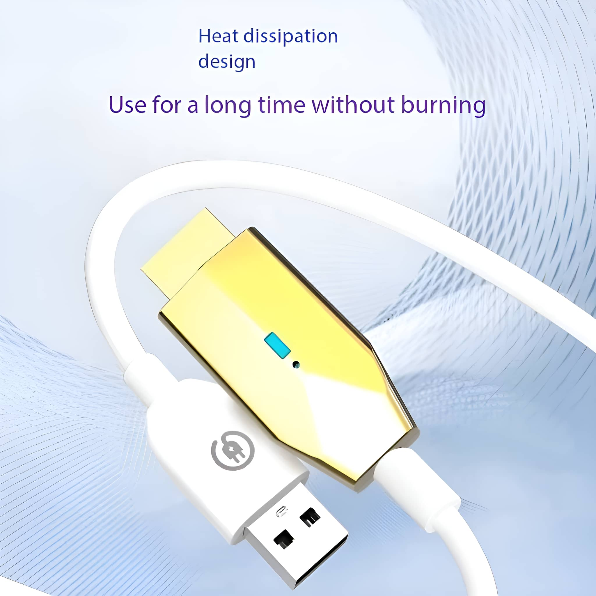 Weißes und goldenes USB-Kabel. Es steht dort, Wärmeableitungsdesign und lange verwenden.