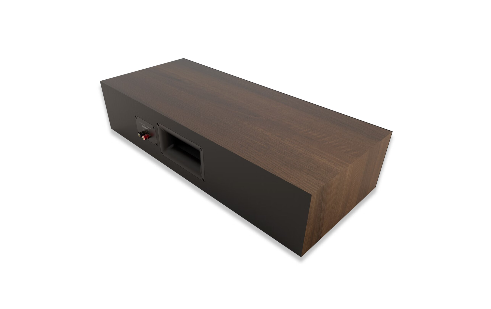 Eine braune Holzlautsprecherbox auf weißem Hintergrund. Sie hat eine schwarze Lautsprecheröffnung.
