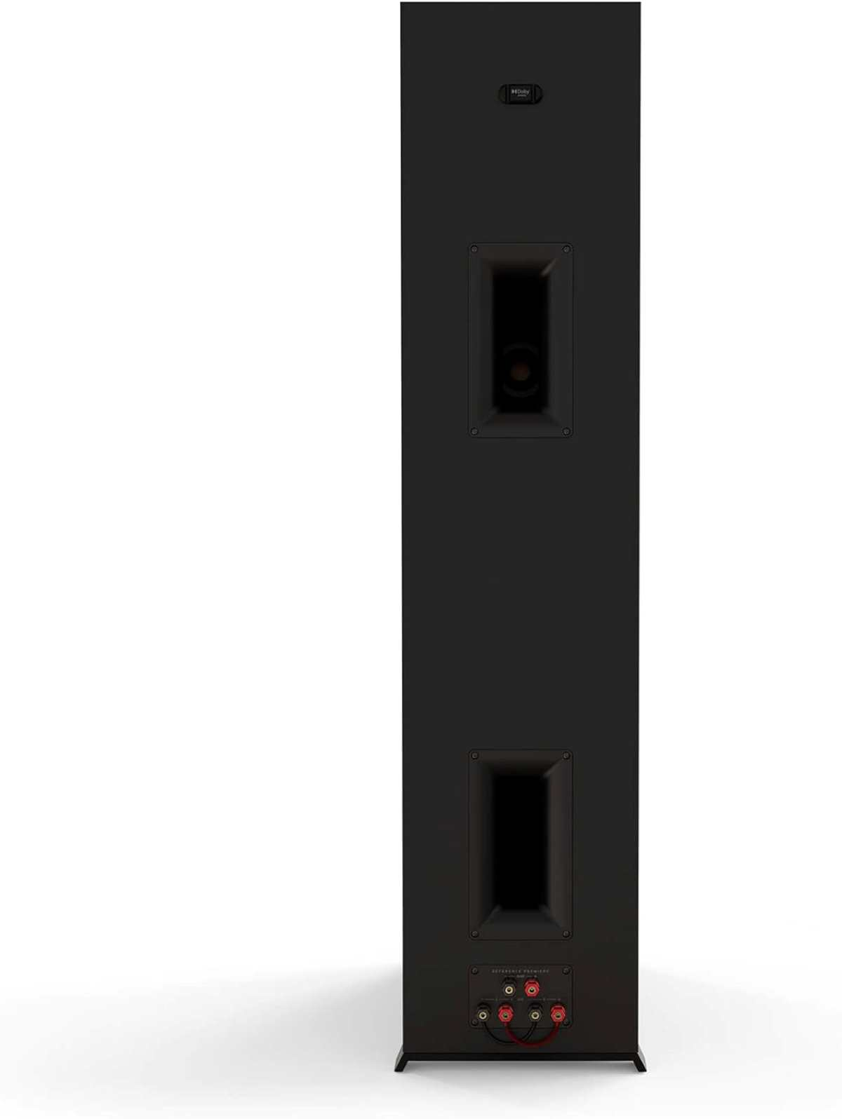 Schwarzer Lautsprecher. Hoch, rechteckig. Zwei Anschlüsse sichtbar. Minimalistisches Design.