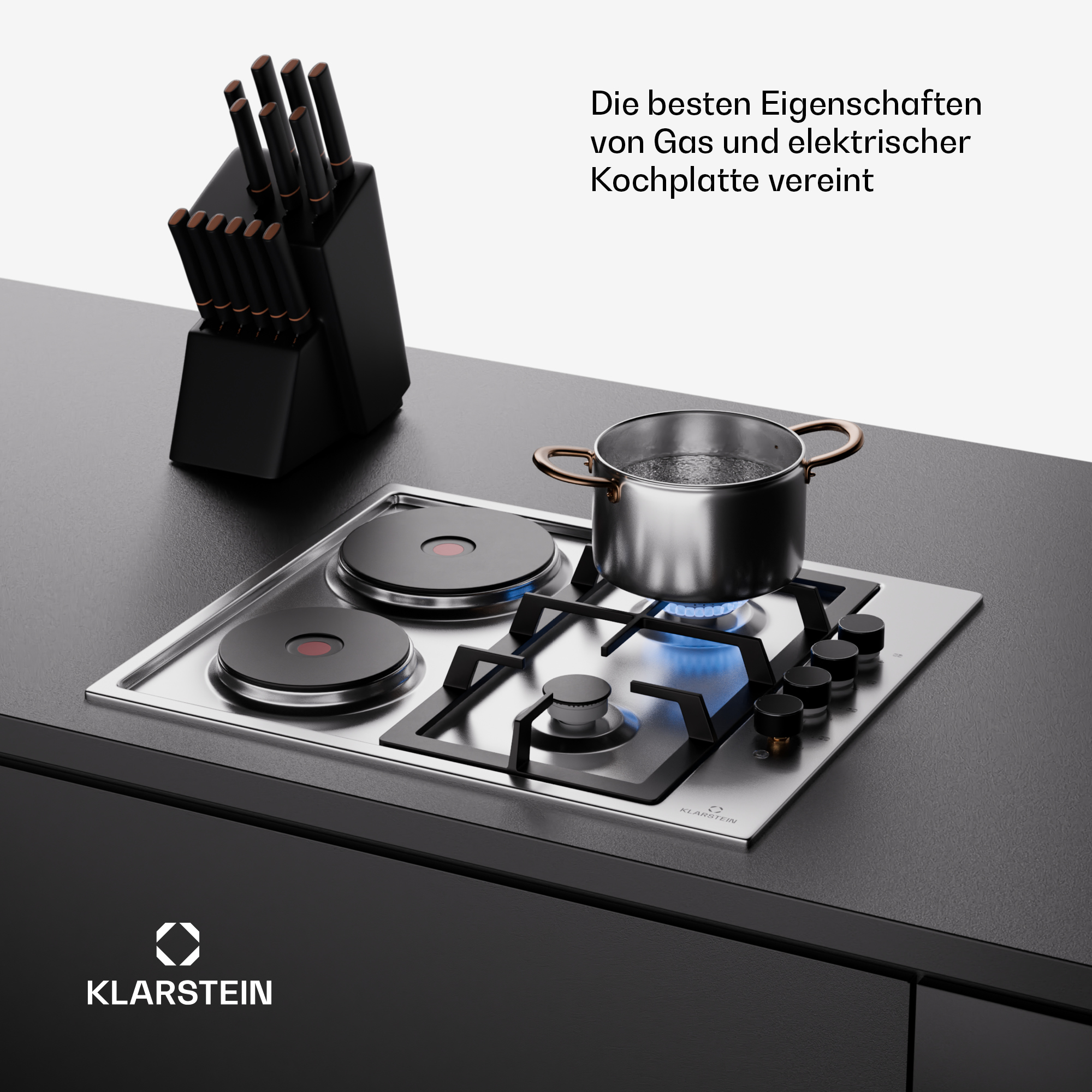 Cocina con encimera. Encimera de acero inoxidable con quemadores eléctricos y de gas, y una olla.