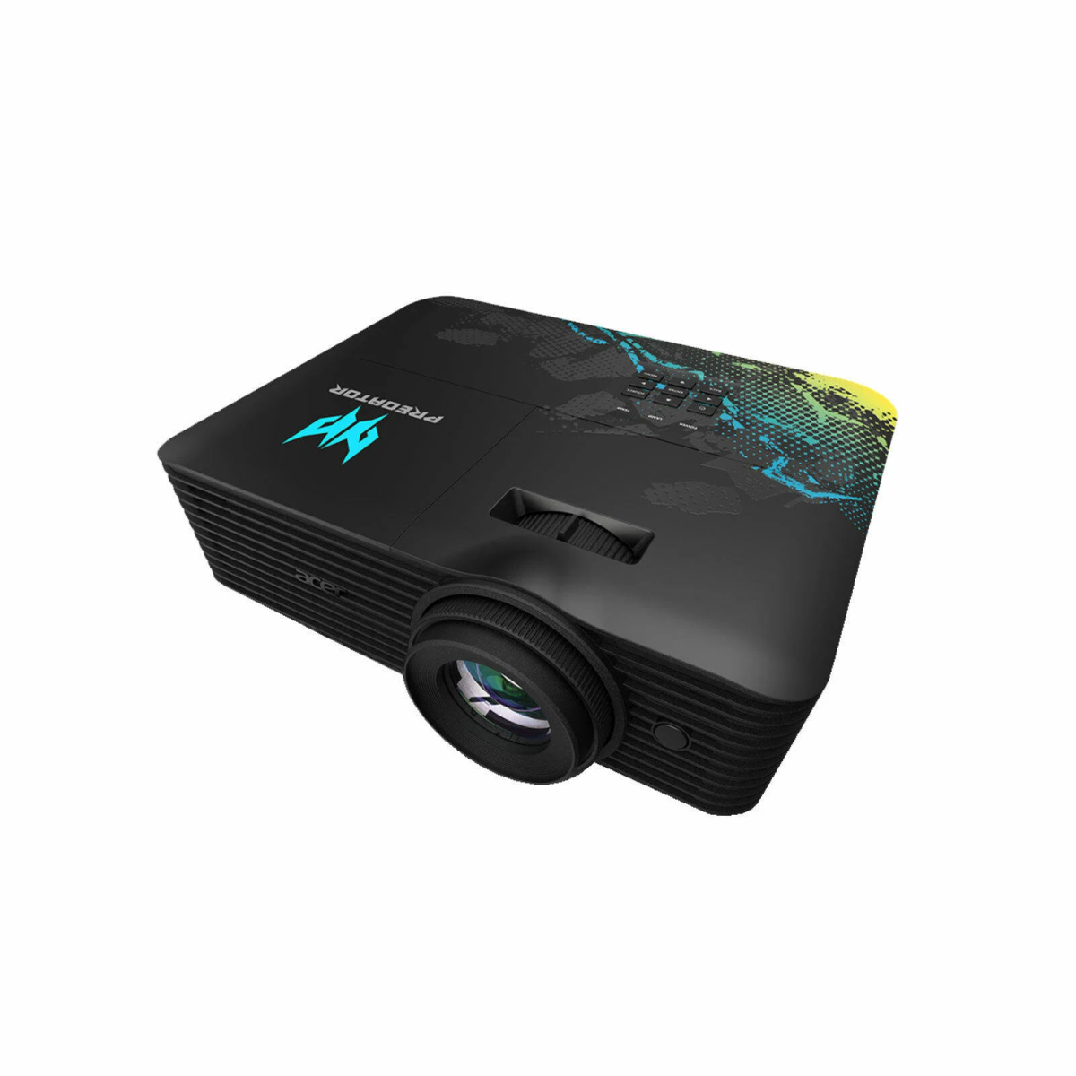 Proyector Acer Predator negro con logotipo azul y lente. Vista en ángulo.