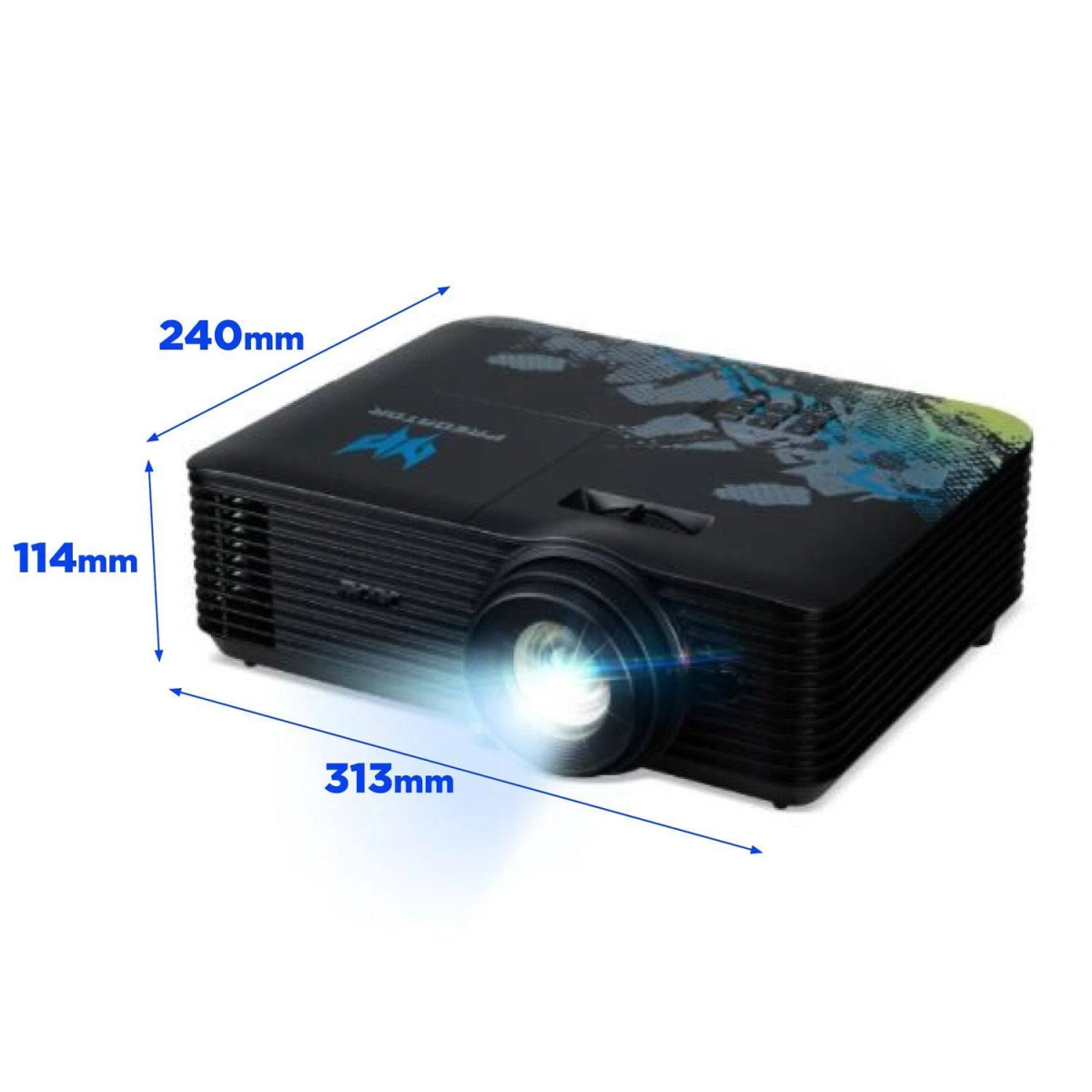 Proyector negro con dimensiones etiquetadas. Detalles azules y blancos.
