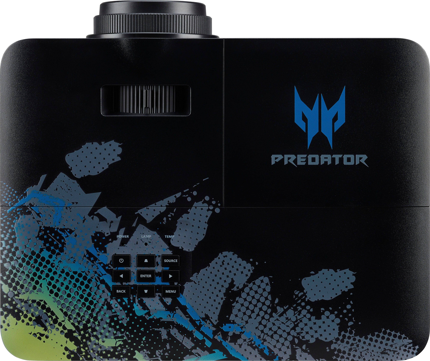 Proyector negro con logo Predator azul. Tiene botones y controles en el panel frontal.
