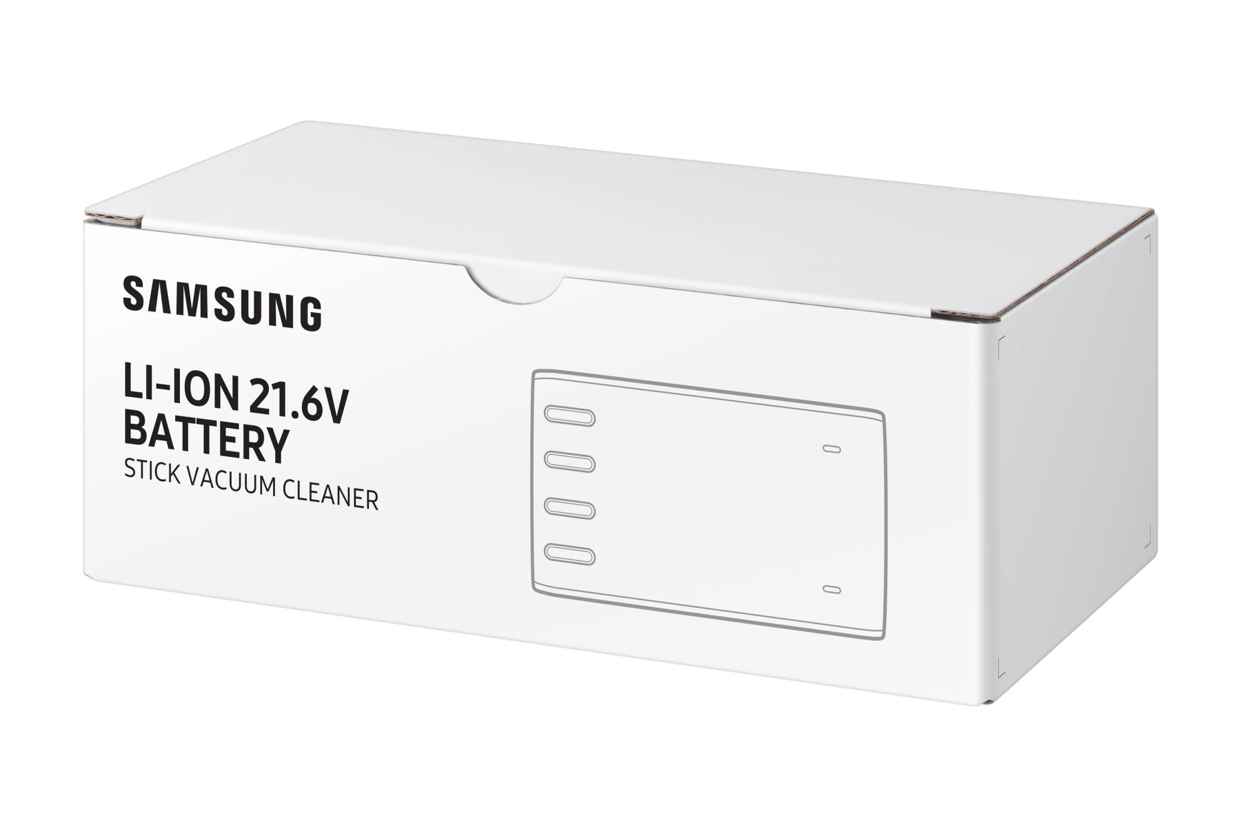 Eine weiße Samsung Li-Ion 21,6V Akku-Box für Staubsauger mit einer einfachen Produktumriss.