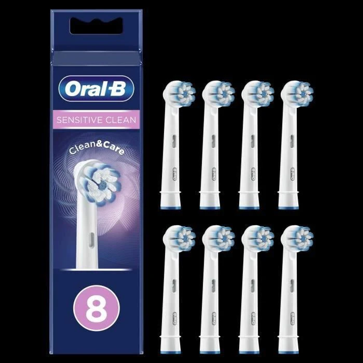 Eine Packung Oral-B Sensitive Clean Zahnbürstenköpfe, mit acht sichtbaren Köpfen.