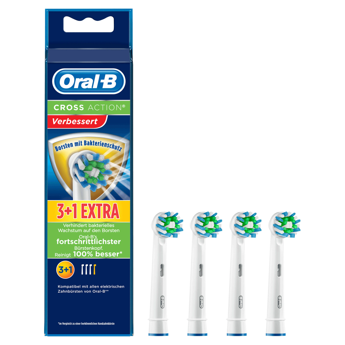 Verpackung von Oral-B Zahnbürstenköpfen. Zeigt 3+1 zusätzliche Köpfe mit blauem und grünem Borstendesign.
