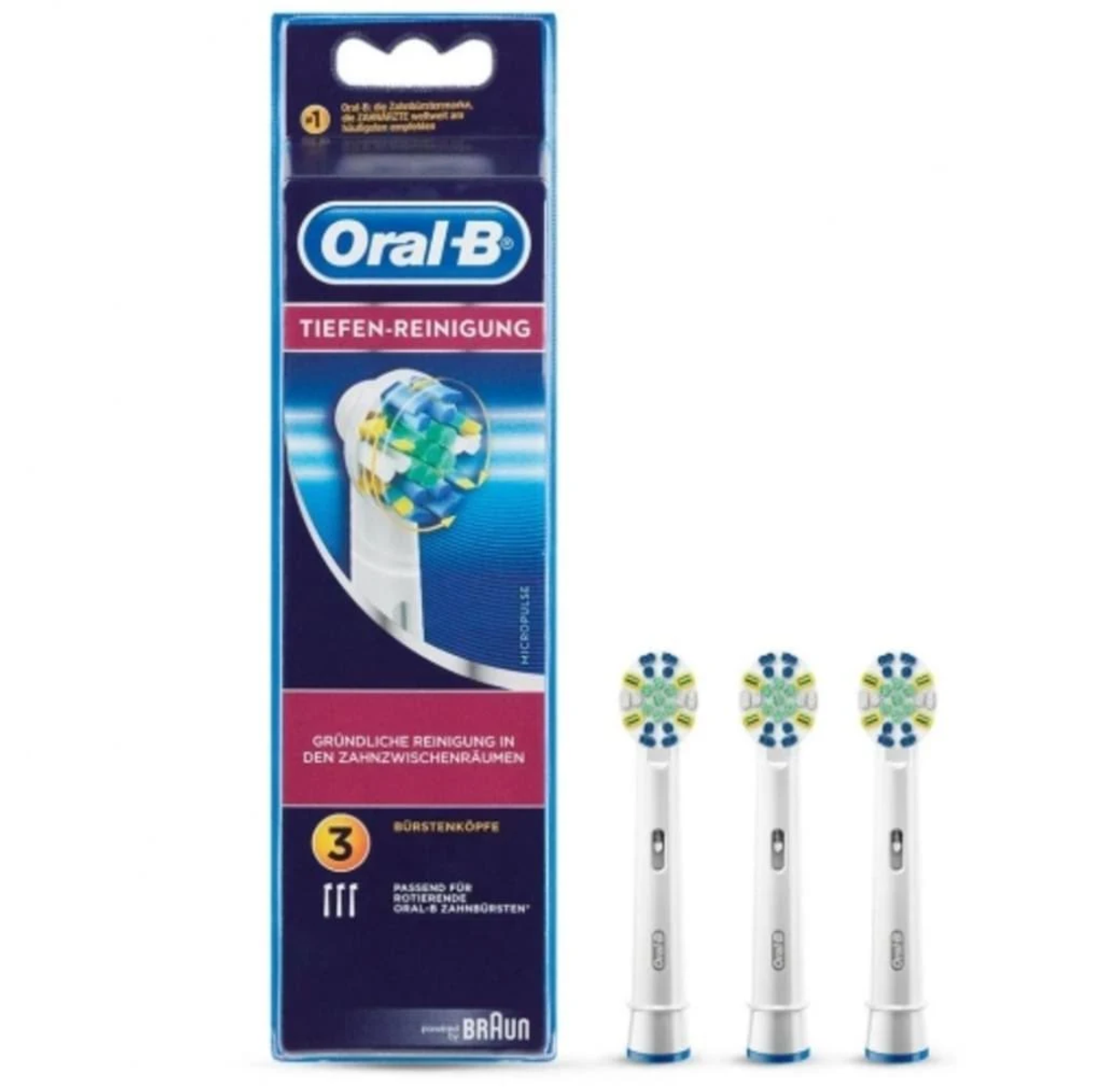 Eine Packung Oral-B-Zahnbürstenköpfe mit der Aufschrift "Tiefen-Reinigung". Drei Ersatzköpfe sind sichtbar.
