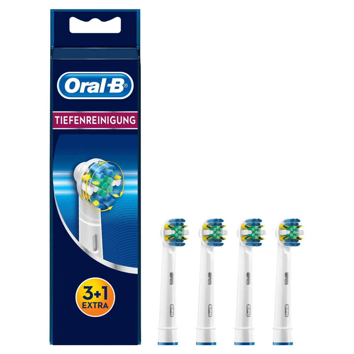 Schachtel mit Oral-B Zahnbürstenköpfen. Enthält 3+1 zusätzliche Köpfe.
