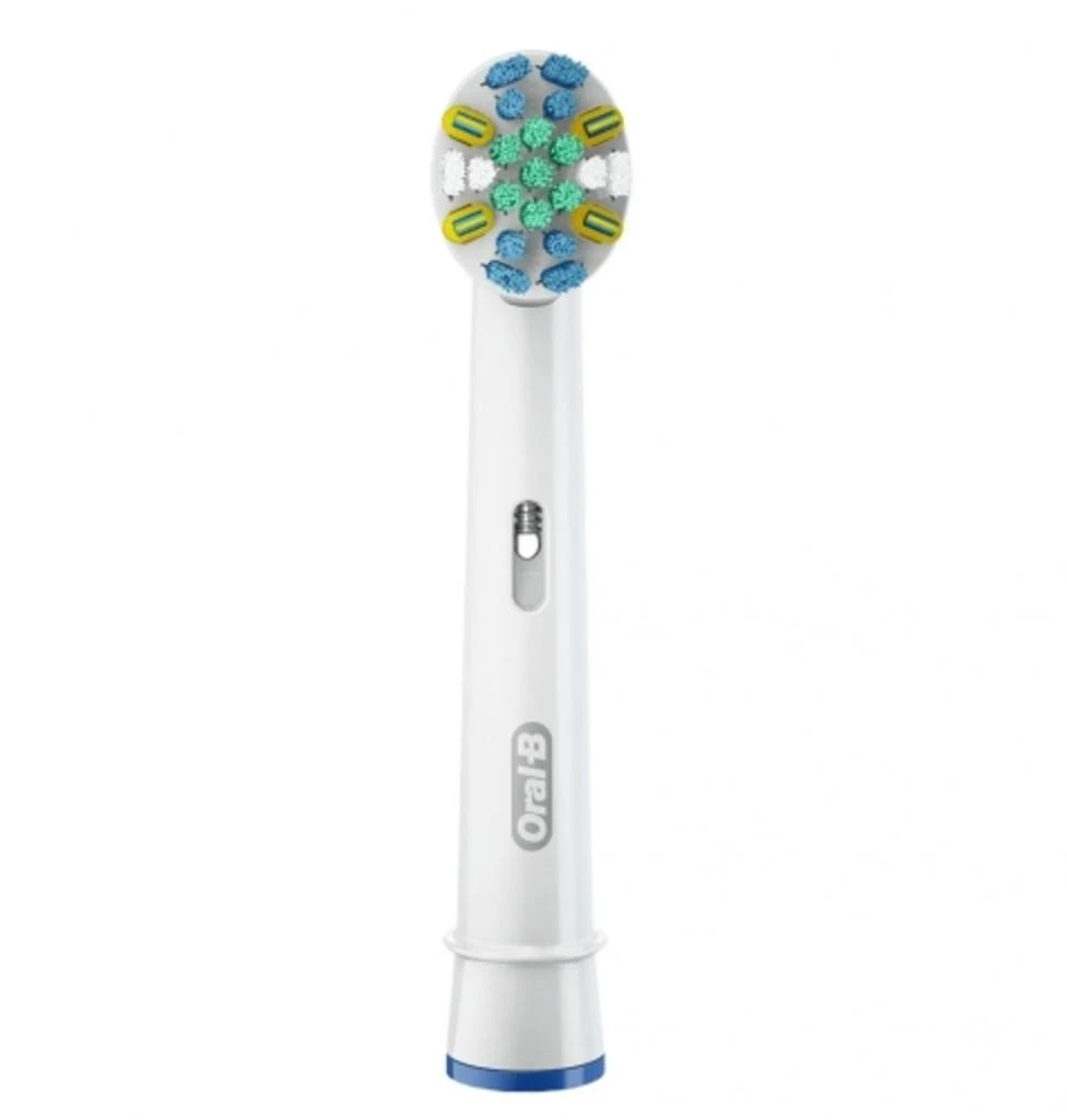 Ein Oral-B Zahnbürstenkopf mit mehrfarbigen Borsten auf weißem Hintergrund.