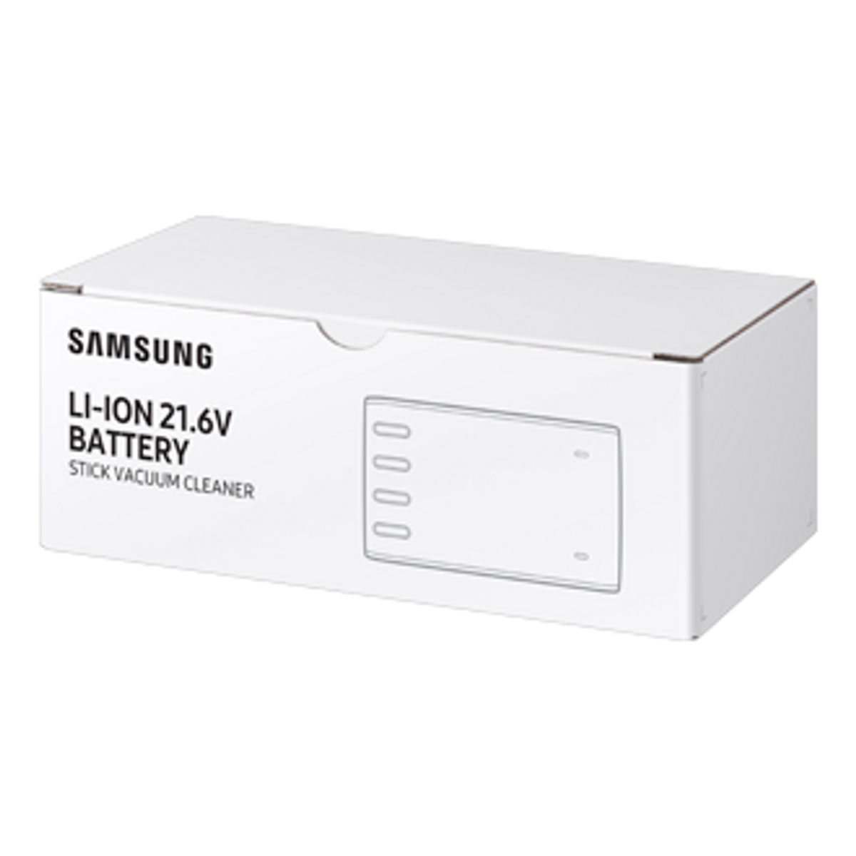 Scatola bianca con scritto "SAMSUNG Li-ION 21.6V BATTERY".