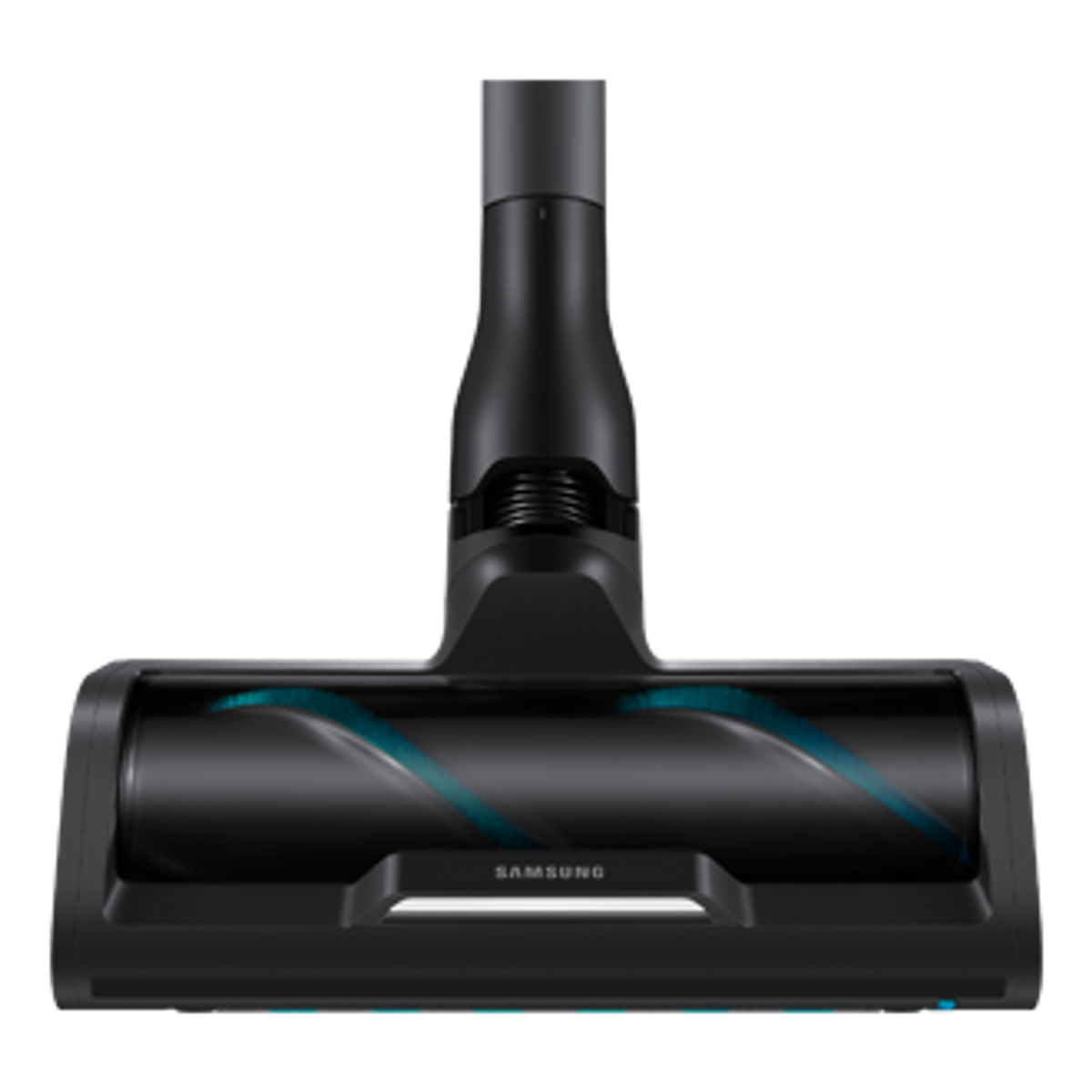 Czarna głowica odkurzacza z niebieskimi detalami szczotki i wyświetloną marką „SAMSUNG”.