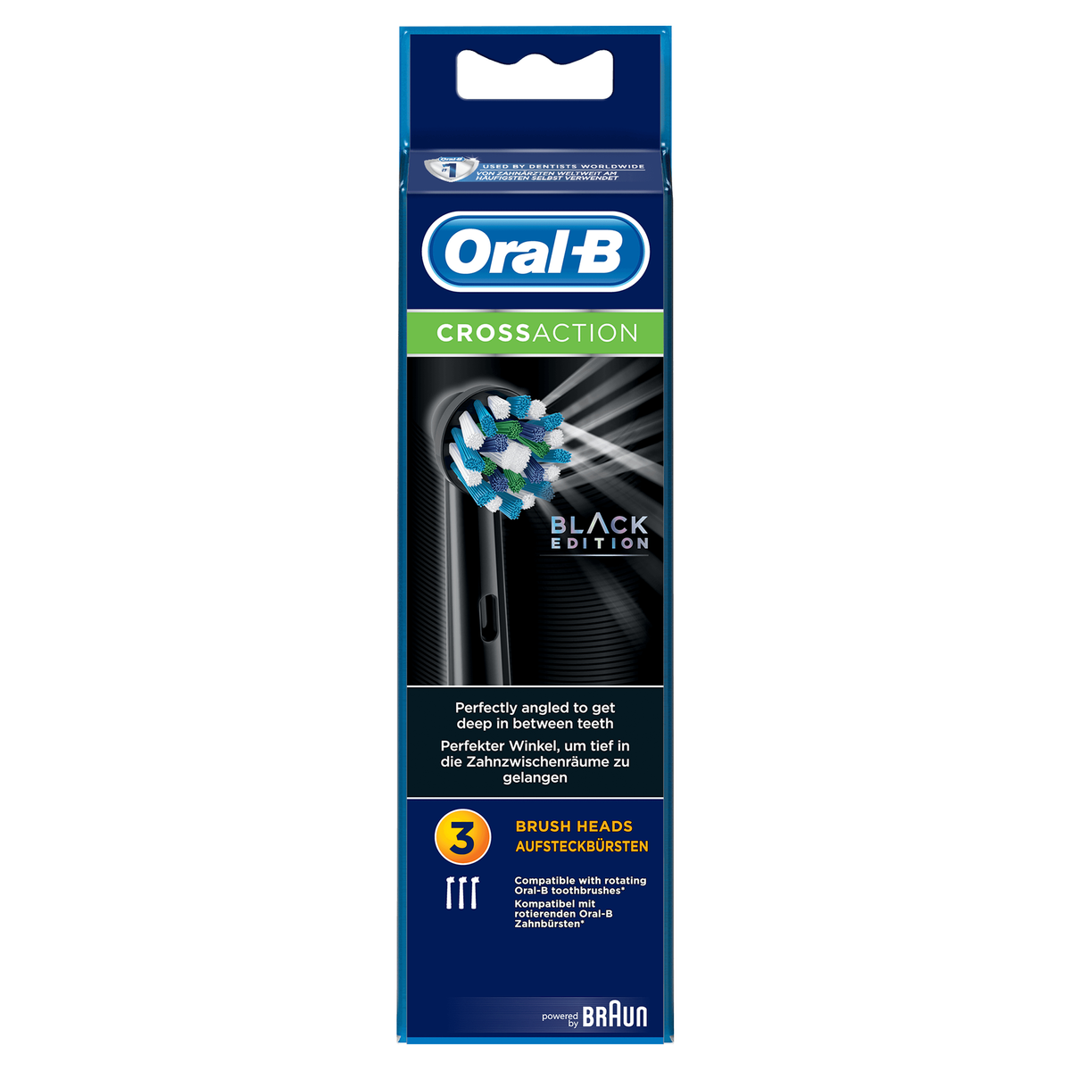 Schachtel mit Oral-B CrossAction-Bürstenköpfen. Schwarz-weißes Design. Drei Bürstenköpfe sichtbar.