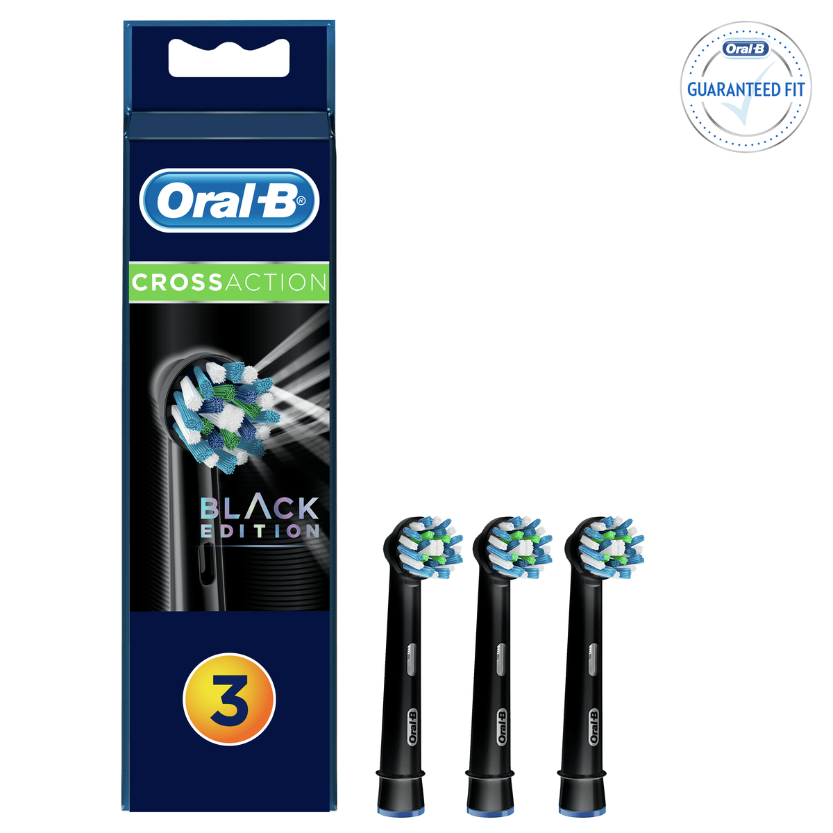 Schachtel mit Oral-B CrossAction Black Edition Zahnbürstenköpfen mit 3 Stück.