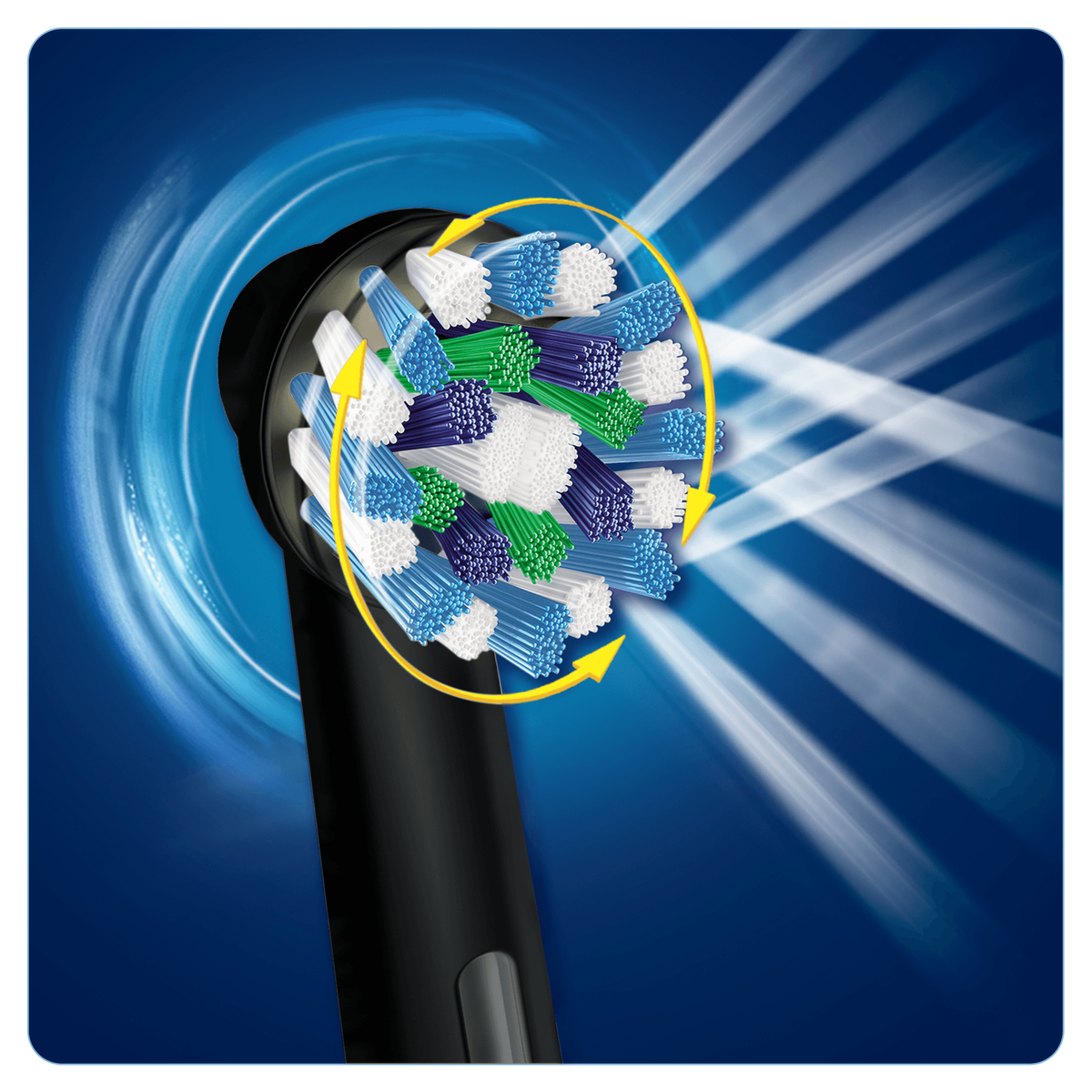 Ein elektrischer Zahnbürstenkopf mit blauen, grünen und weißen Borsten. Gelbe Pfeile zeigen die Rotation.